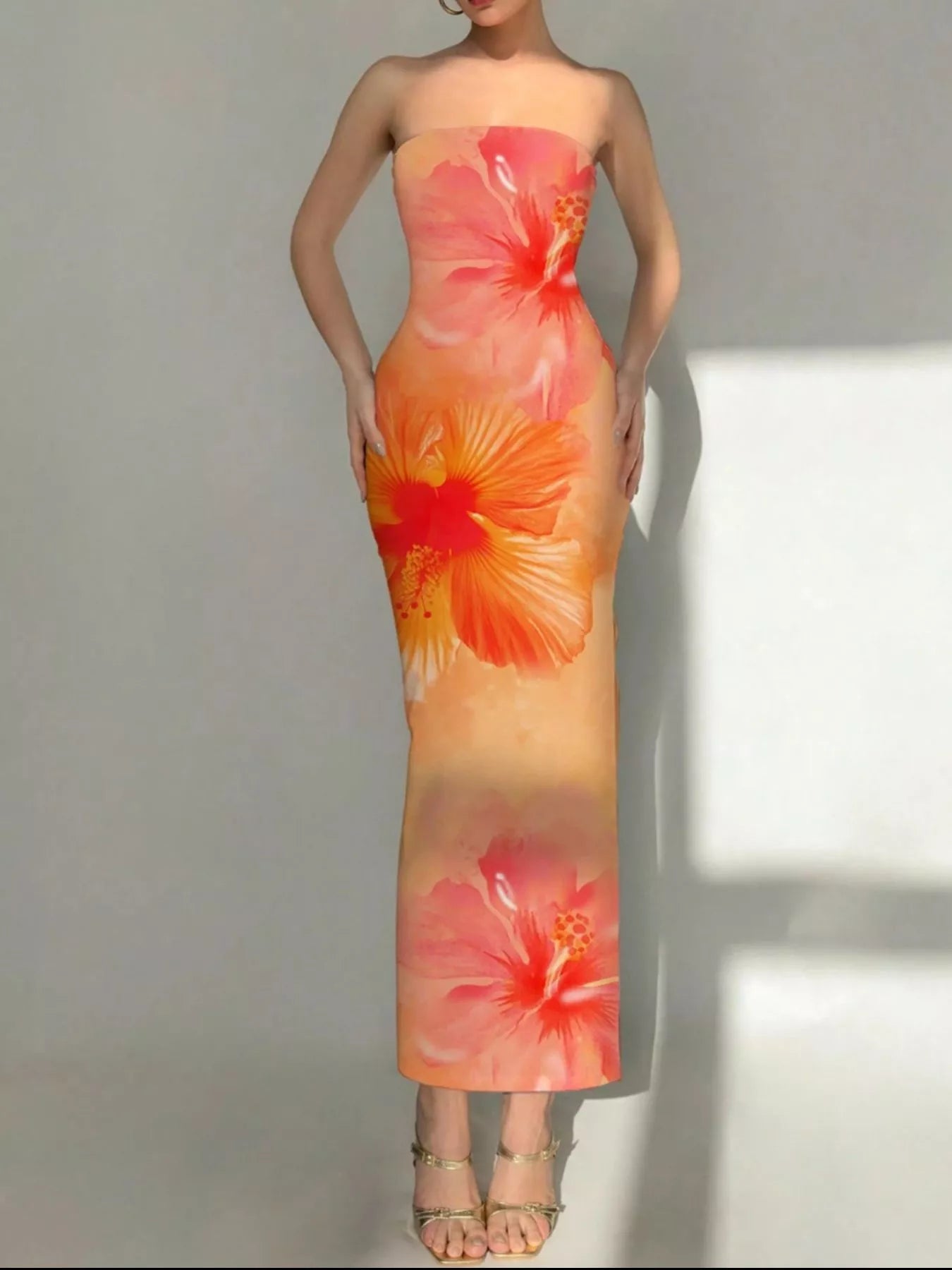 Tropical Flower Print Bodycon Tube Dress Tangerine / S by Blue Zone Planet