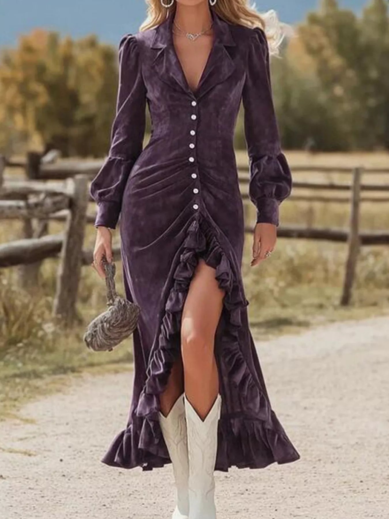 Velvet Ruffle Slit Midi Dress Purple / M by Blue Zone Planet