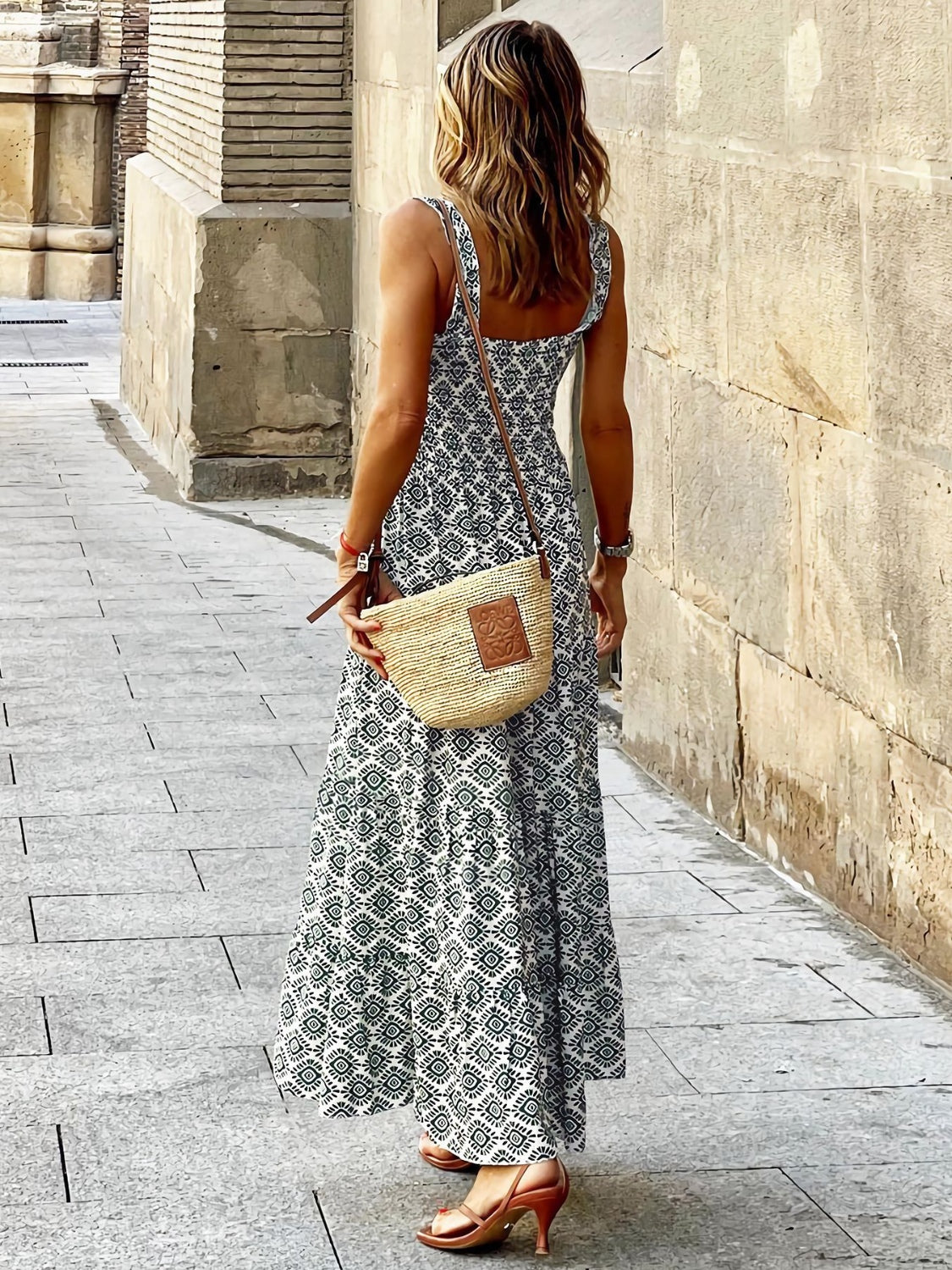 Smocked Printed Square Neck Sleeveless Dress BLUE ZONE PLANET