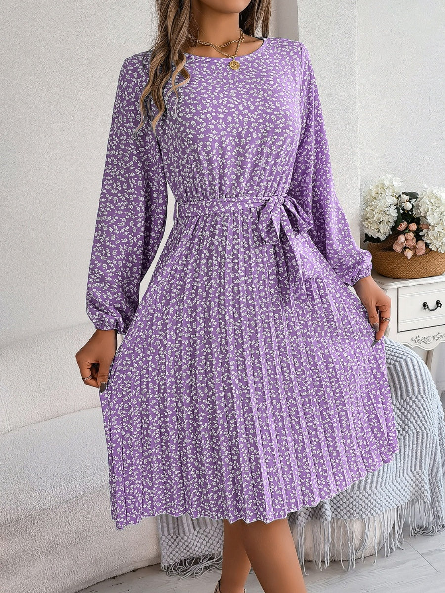 Ditsy Floral Tie Waist Pleated Dress BLUE ZONE PLANET