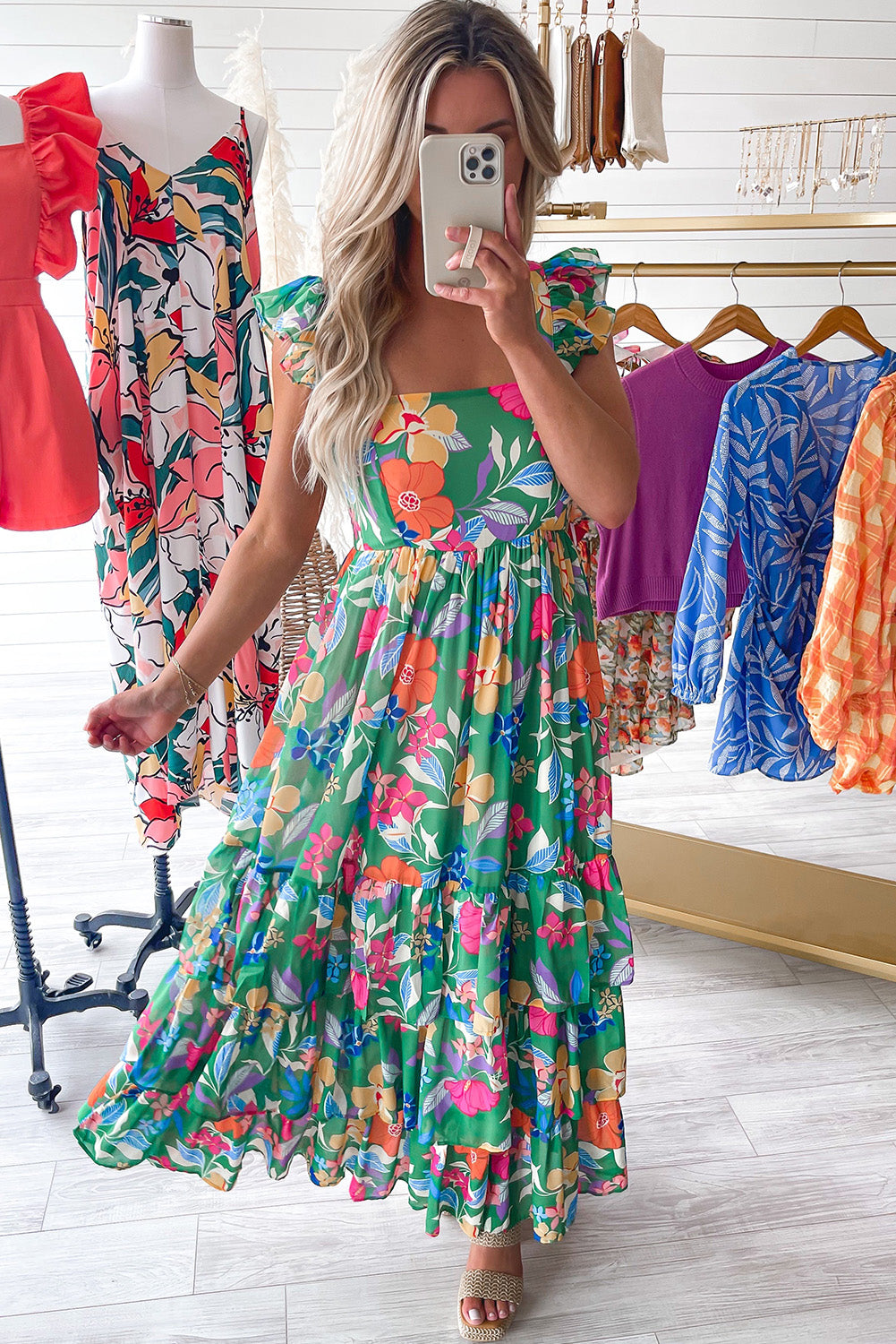 Blue Zone Planet | Green Floral Print Sleeveless Ruffle Tiered Maxi Dress Blue Zone Planet