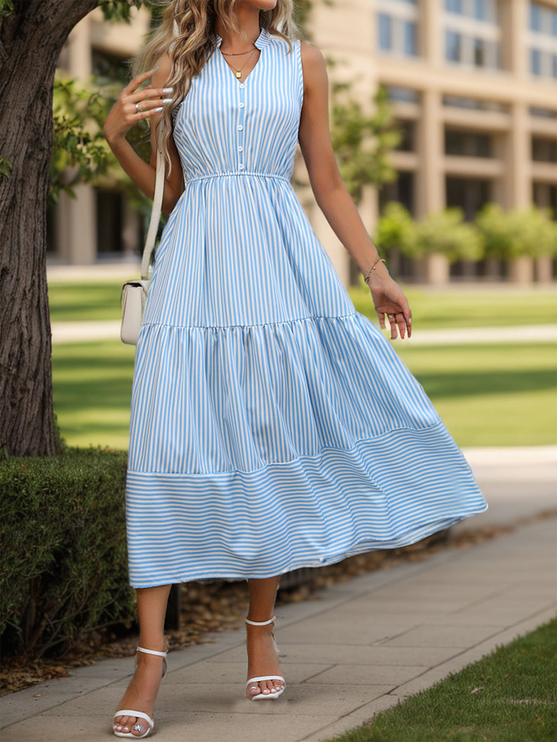 Blue Zone Planet | Striped Notched Sleeveless Midi Dress BLUE ZONE PLANET