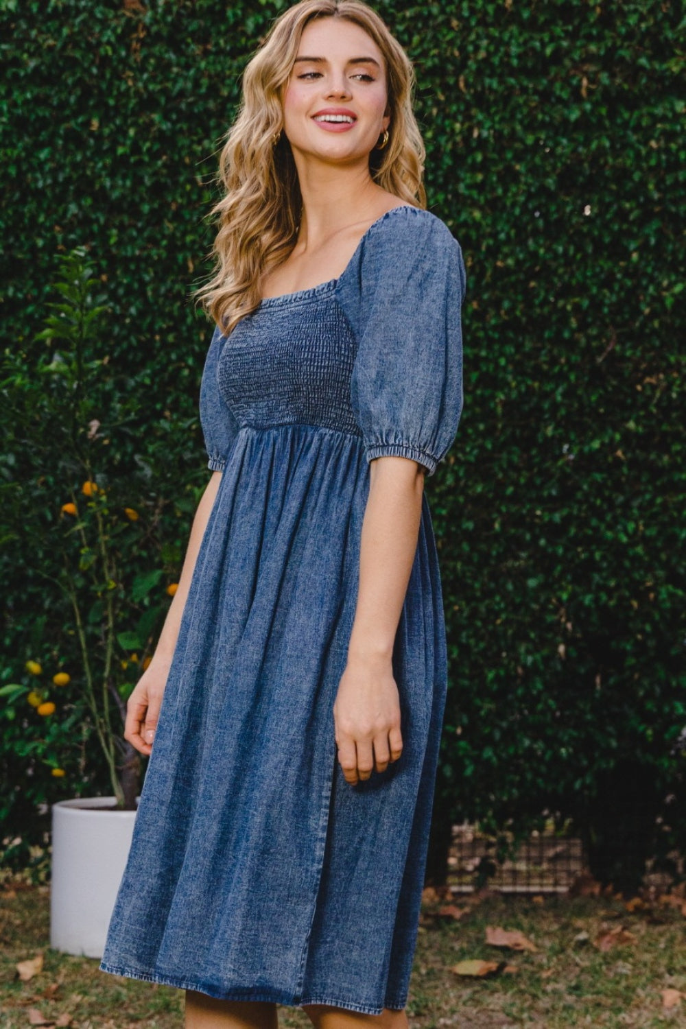 Blue Zone Planet | ODDI Full Size Washed Smocked Puff Sleeve Dress BLUE ZONE PLANET