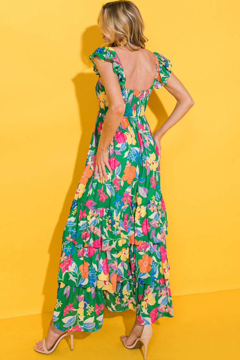 Blue Zone Planet | Green Floral Print Sleeveless Ruffle Tiered Maxi Dress Blue Zone Planet