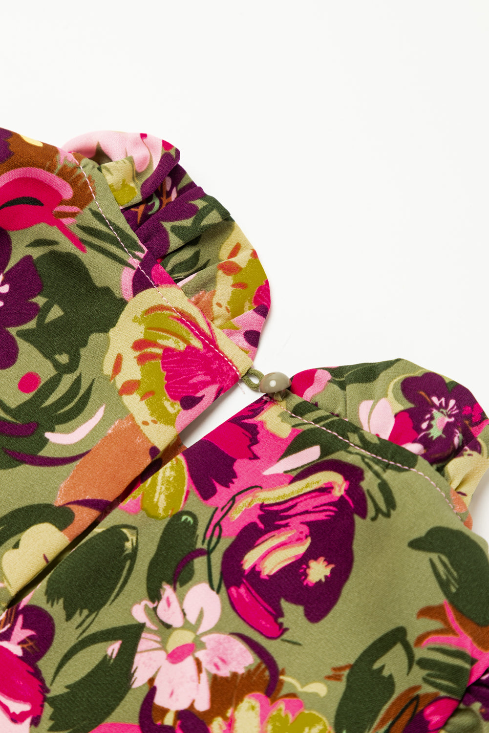 Blue Zone Planet | Green Floral Print Ruched Flutter Sleeve Frilled Neck Mini Dress Blue Zone Planet