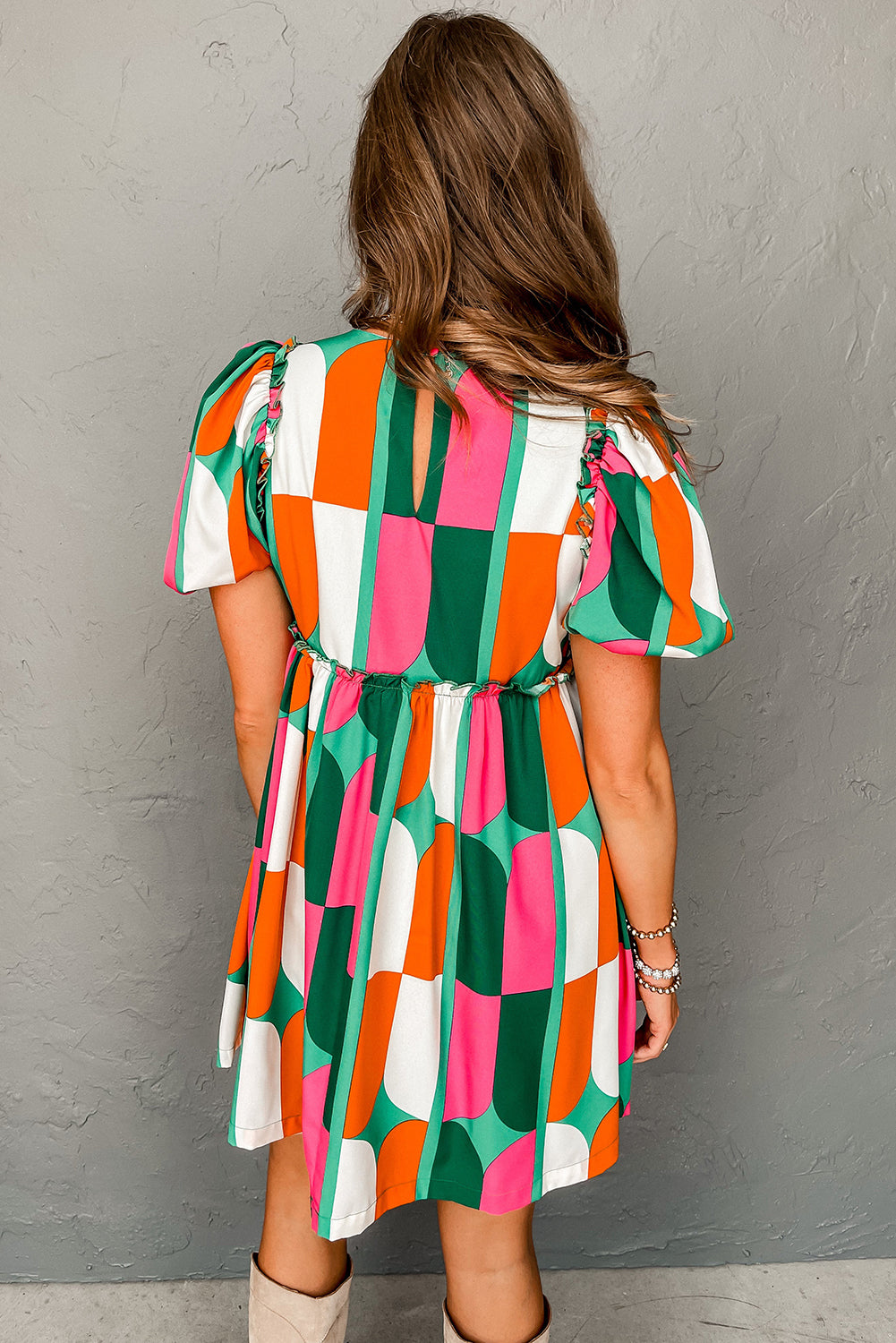 Green Abstract Print Puff Sleeve Short Dress Blue Zone Planet