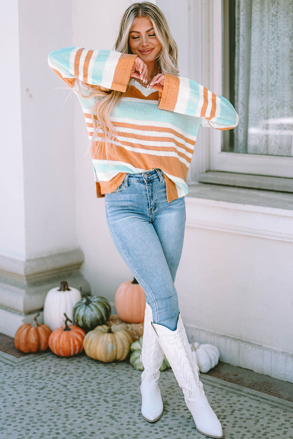 Multicolor Colorblock Stripe Long Sleeve Split Sweater Blue Zone Planet