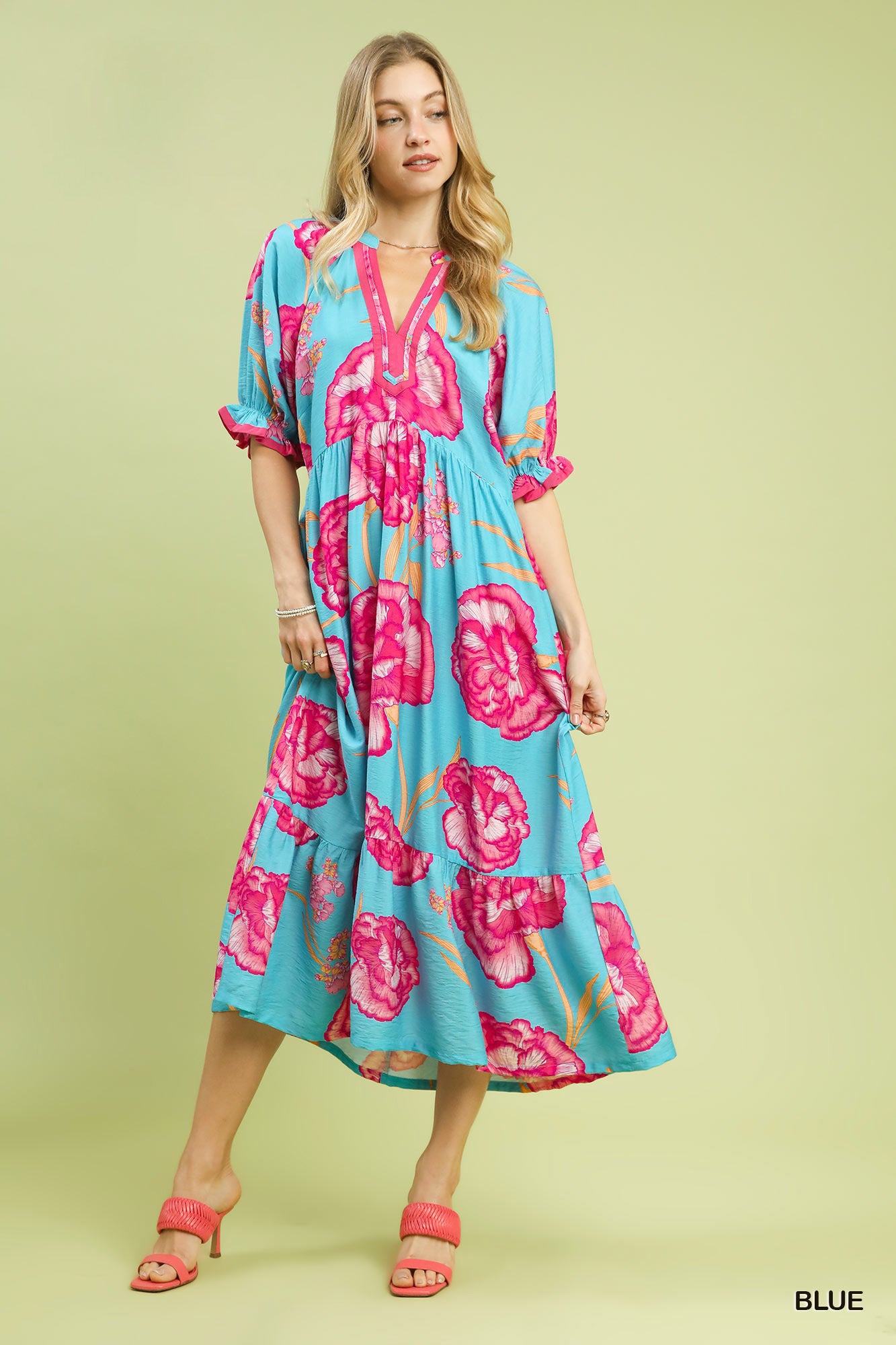 Umgee Floral Print Midi Dress with Contrast Trim BLUE / S by BLUE Zone Planet