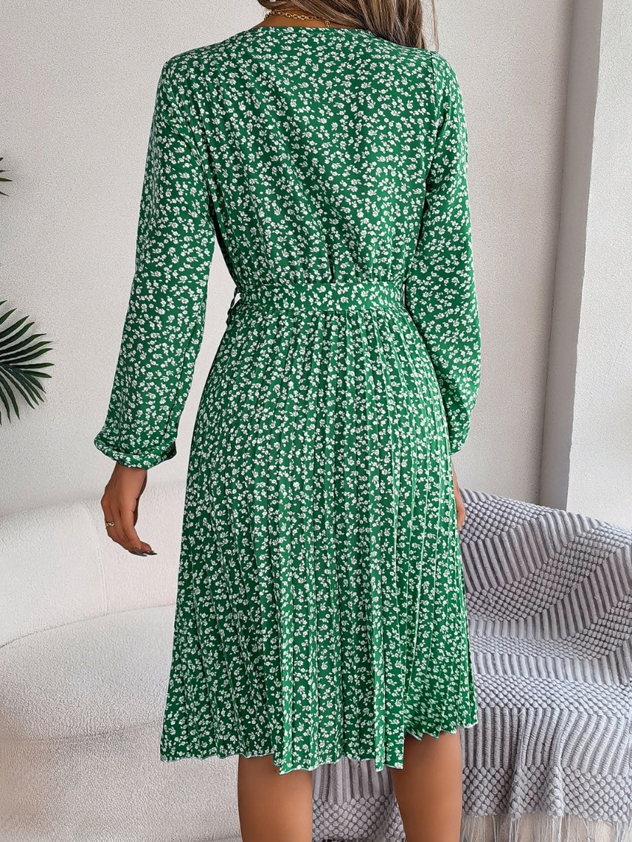 Ditsy Floral Tie Waist Pleated Dress BLUE ZONE PLANET
