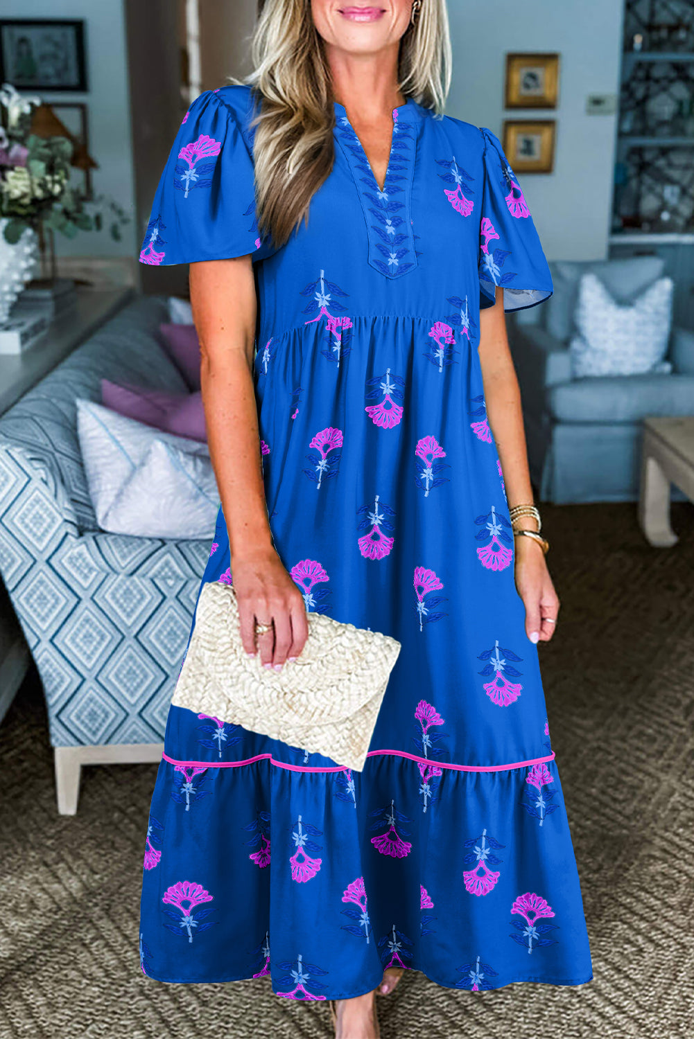 Floral Print Notched Neck Butterfly Sleeve Shift Long Dress