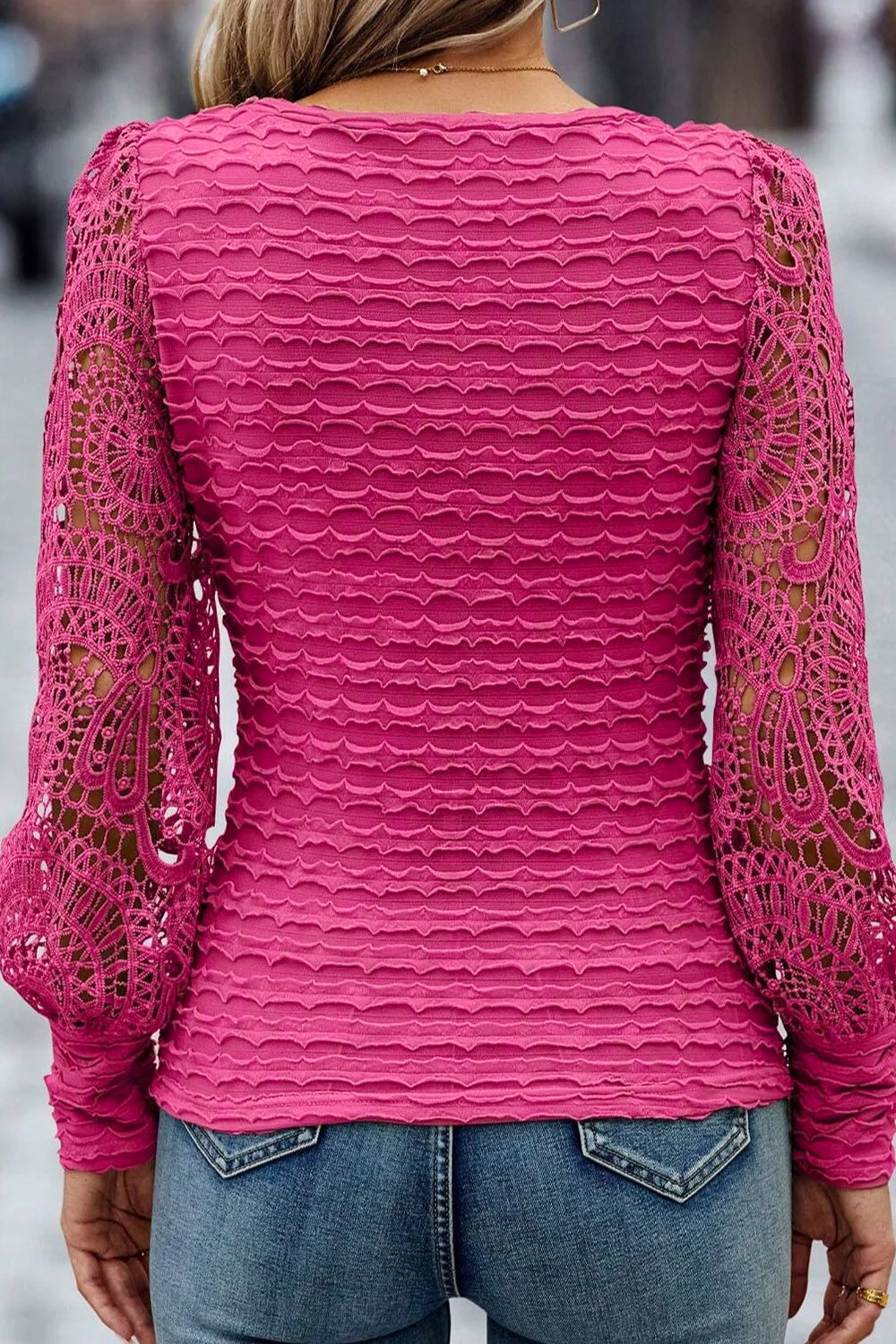 Blue Zone Planet | Openwork Scoop Neck Long Sleeve Blouse BLUE ZONE PLANET