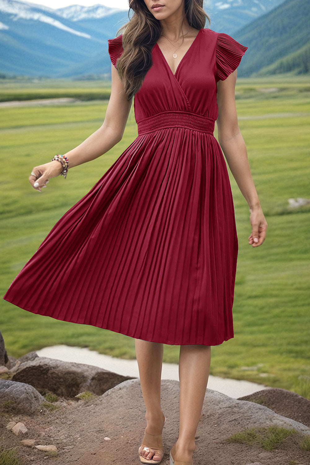 Tied Smocked Waist Flutter Sleeve Dress BLUE ZONE PLANET