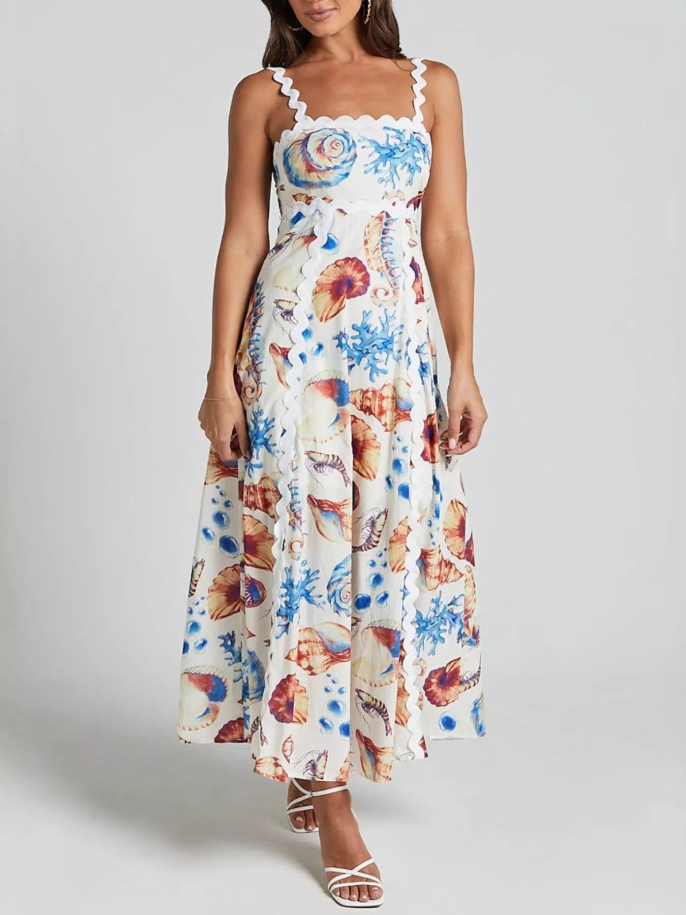 Linda's Seashell Print Scalloped Midi Dress – Blue Zone Planet