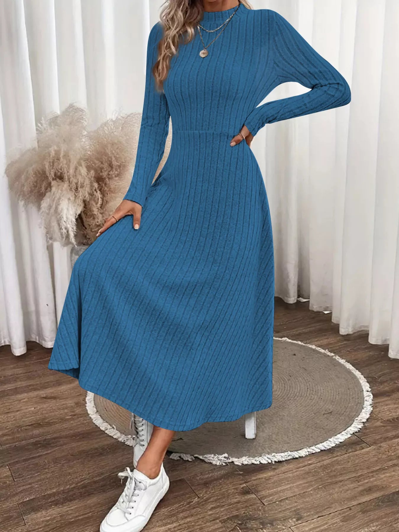chinese dress ladies Ribbed Knit Long Sleeve Midi Dress Blue / XL chinese dress ladies Ribbed Knit Long Sleeve Midi Dress Blue / XL