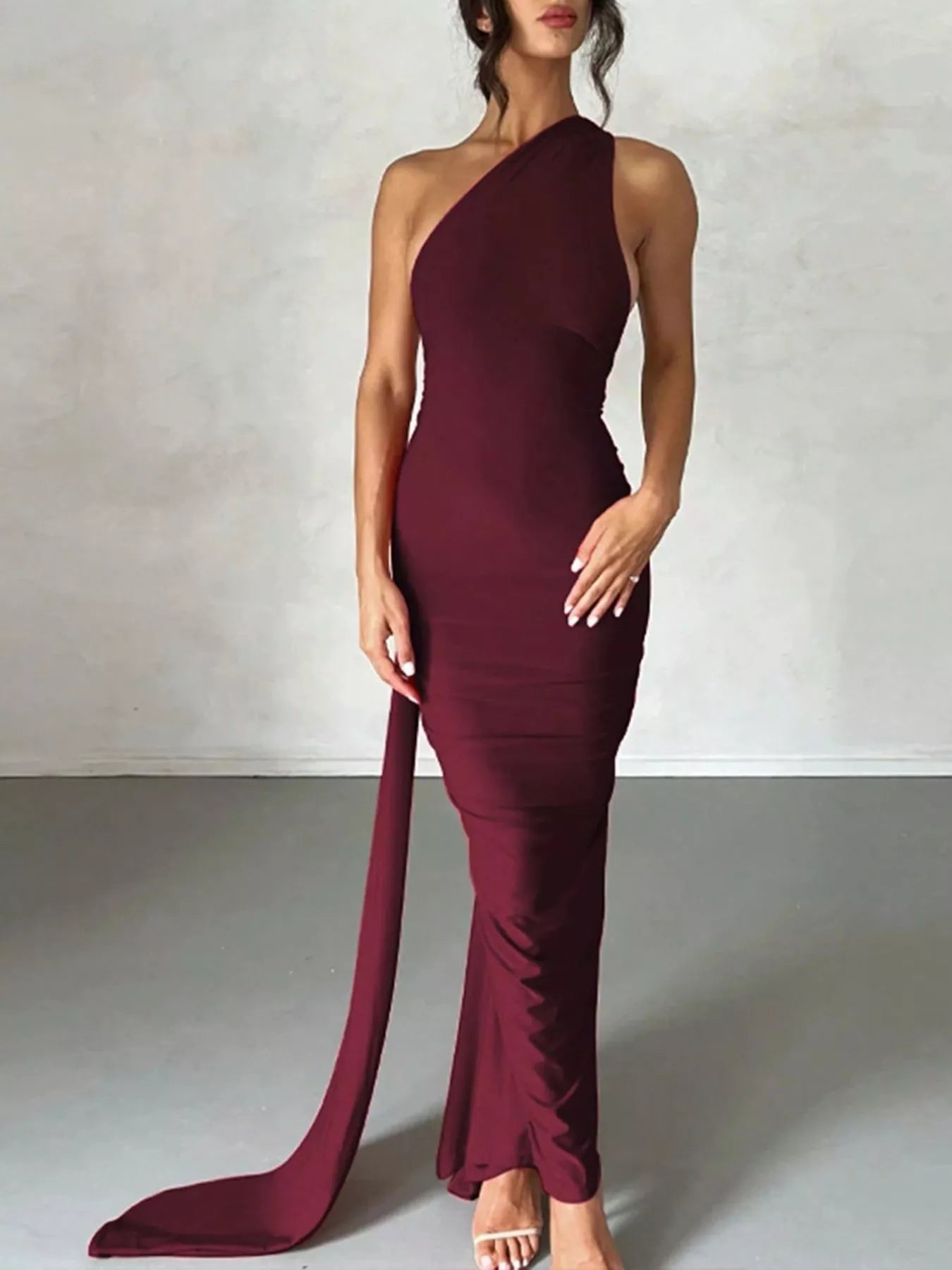 Backless One-Shoulder Ruched Bodycon Maxi Dress  Blue Zone Planet