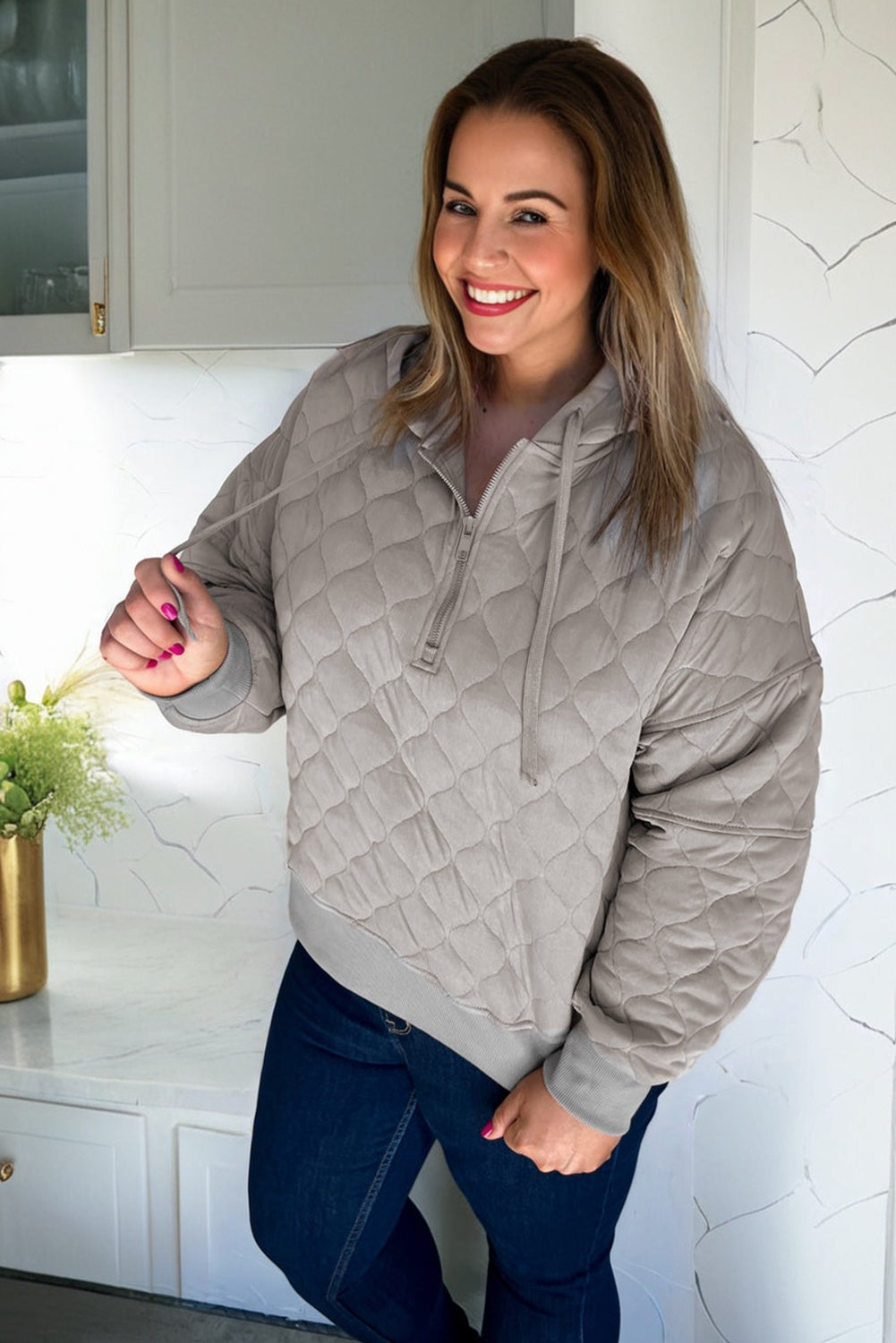 Gray Quilted Quarter Zip Plus Size Hoodie