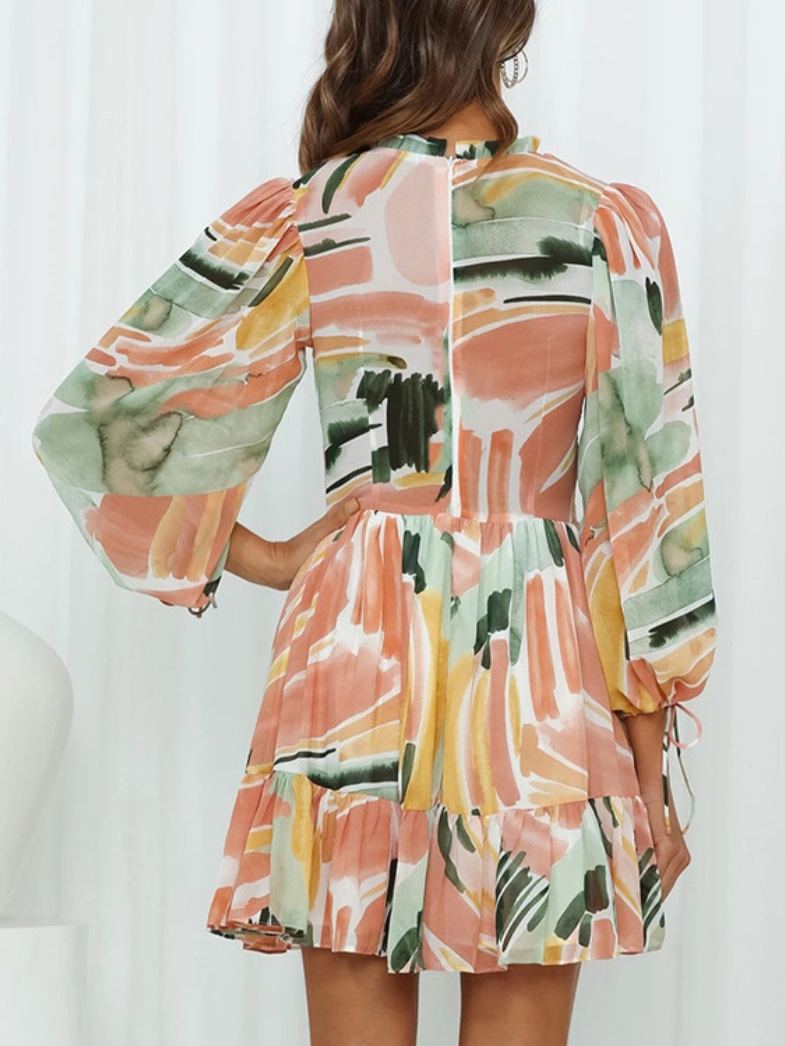 Blue Zone Planet | Printed Mock Neck Balloon Sleeve Mini Dress BLUE ZONE PLANET