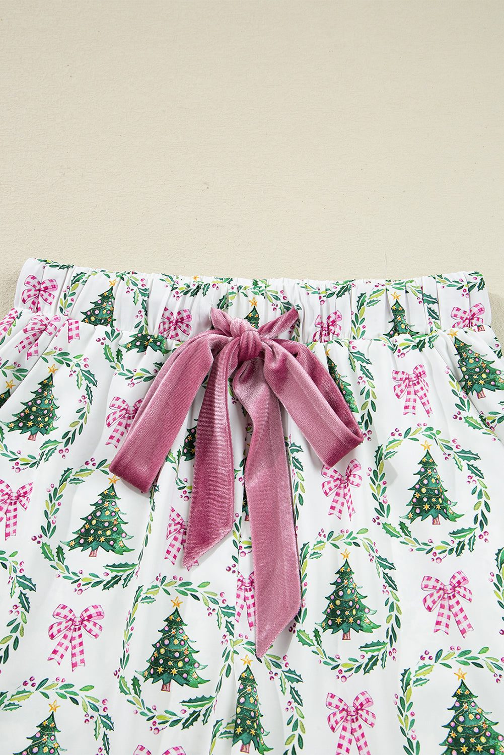 Green Christmas Fashion Print Velvet Trim Bow Knot Pajama 2pcs Short Set