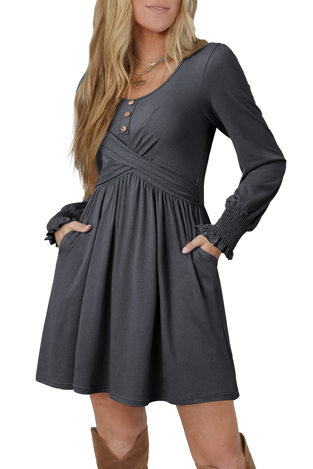 Dark Grey Shirred Cuff Long Sleeve Button Round Neck Mini Dress