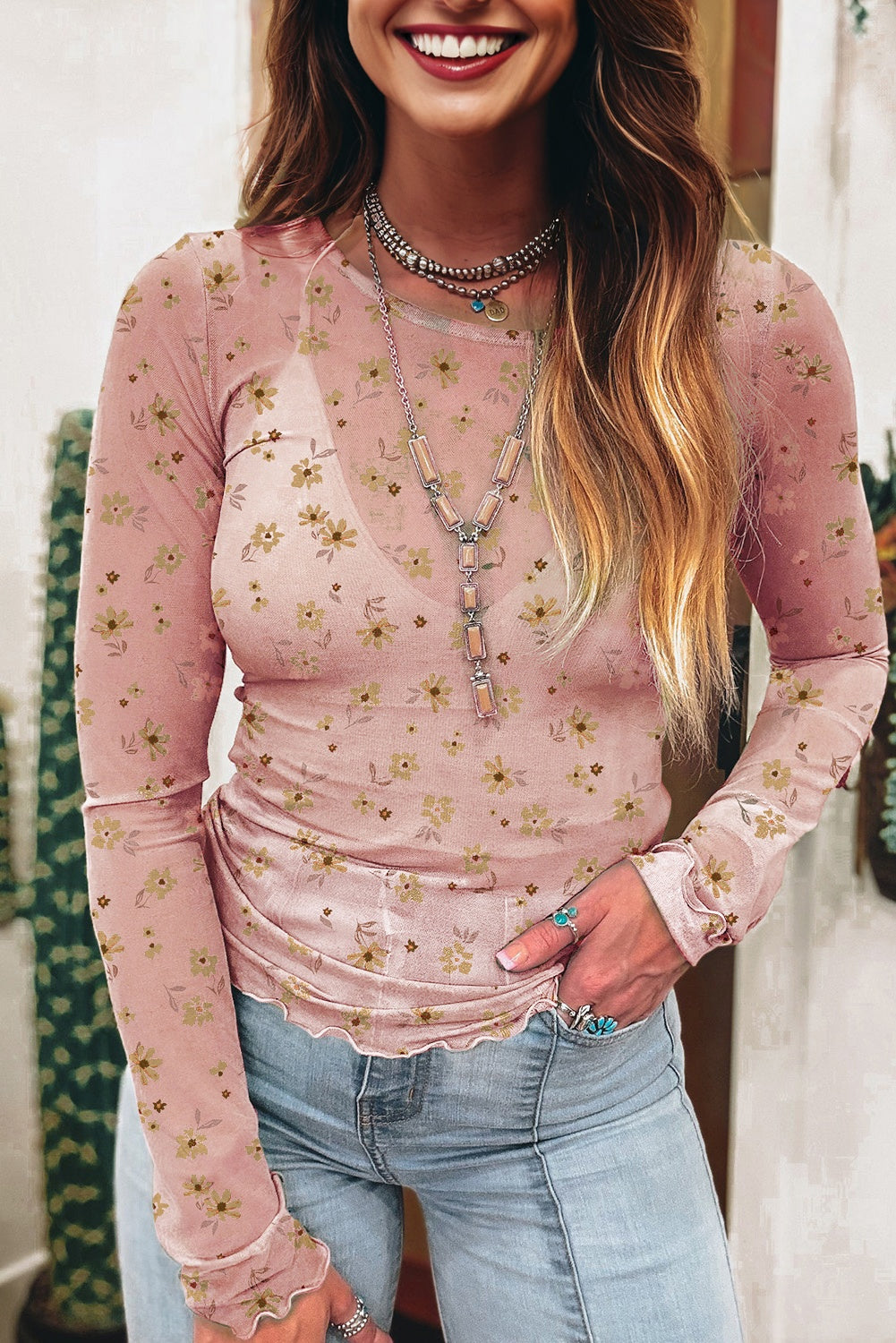 Sky Blue Vintage Floral Print Southern Style Mesh Long Sleeve Top