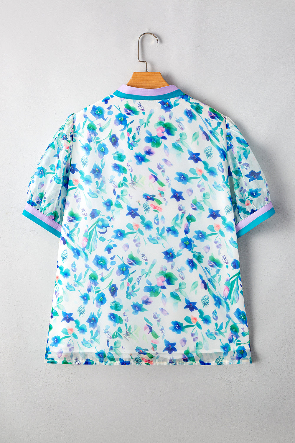Green Floral Print Colorblock Edge Puff Sleeve Split Neck Plus Size Blouse