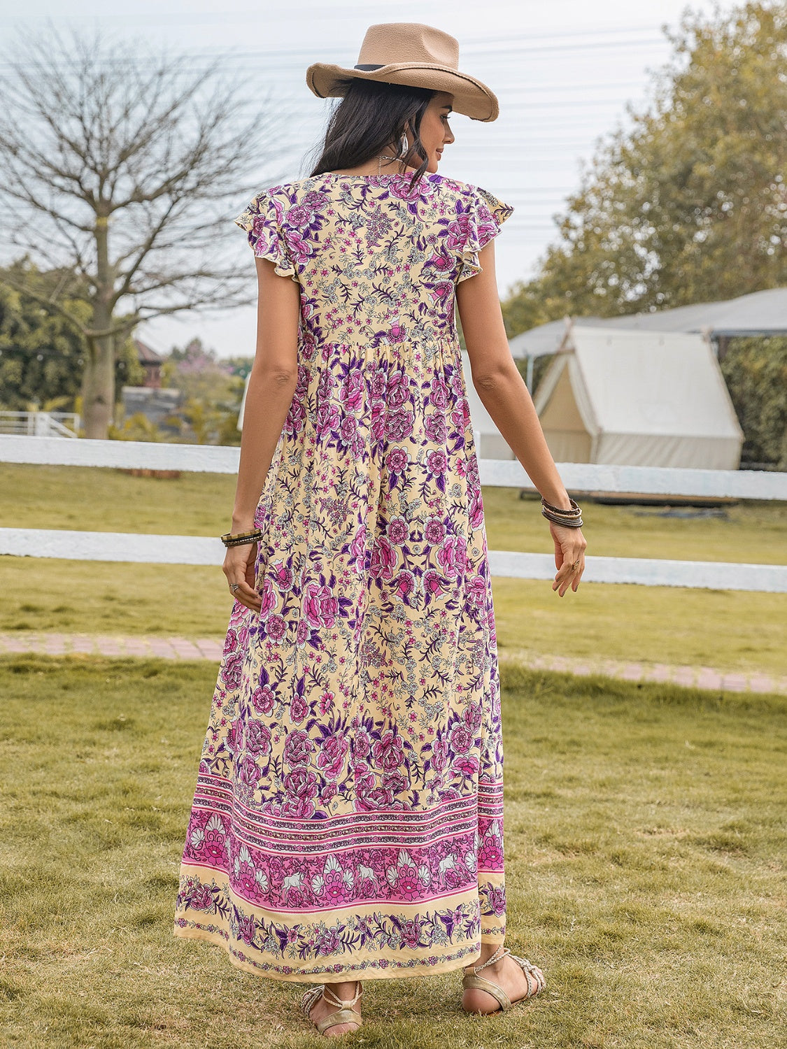 Blue Zone Planet | Ruffled Printed Tie Neck Cap Sleeve Dress BLUE ZONE PLANET