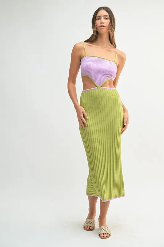 MABLE Ribbed Knit Color Block Cutout Midi Dress Lime / M