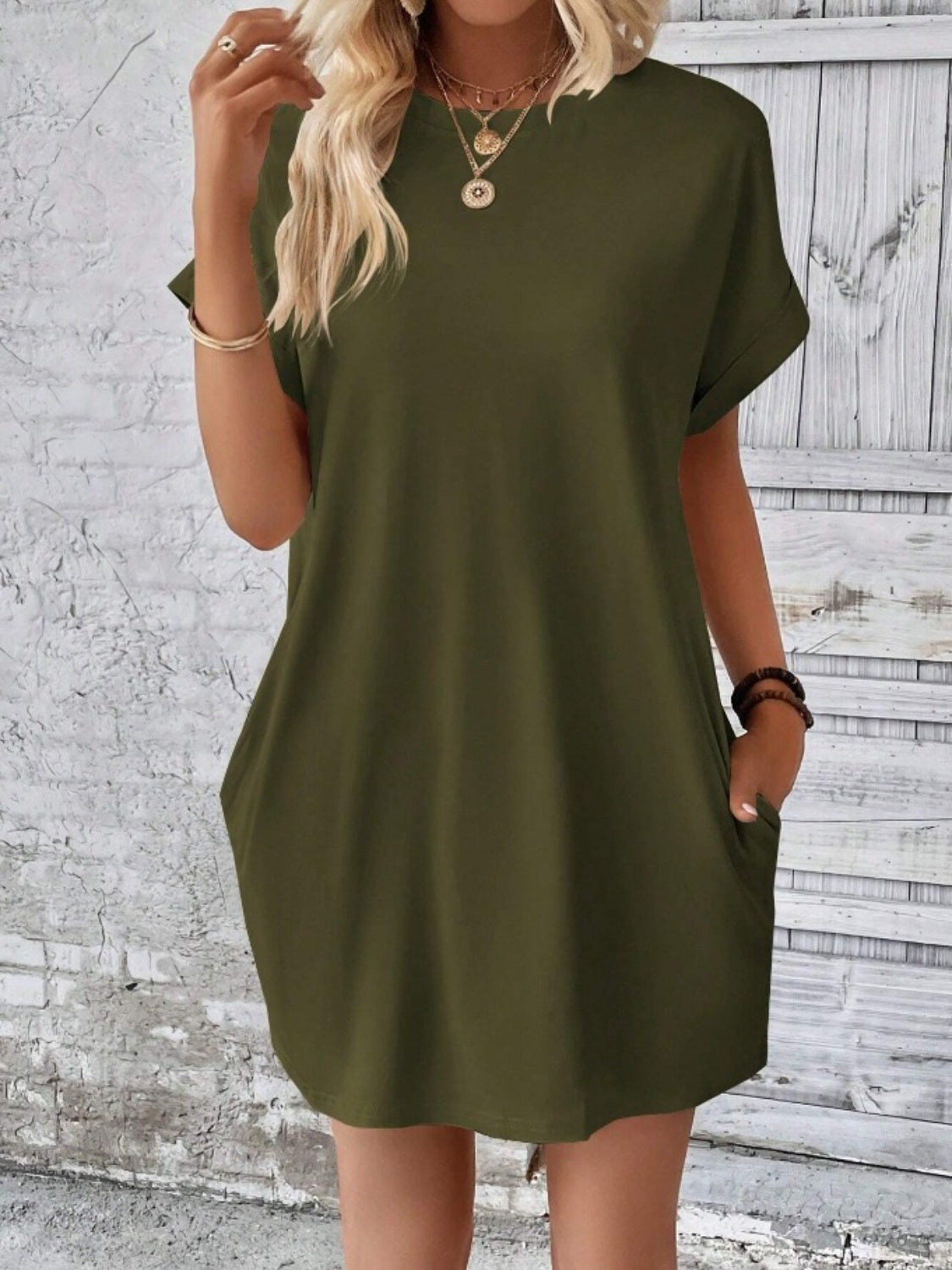 Pocketed Round Neck Short Sleeve Dress BLUE ZONE PLANET