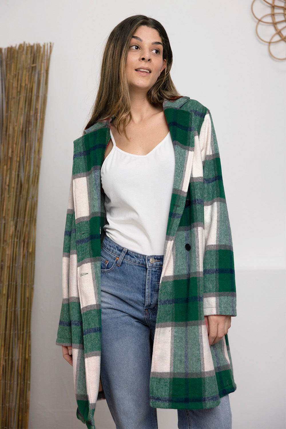 Double Take Full Size Plaid Button Up Lapel Collar Coat BLUE ZONE PLANET