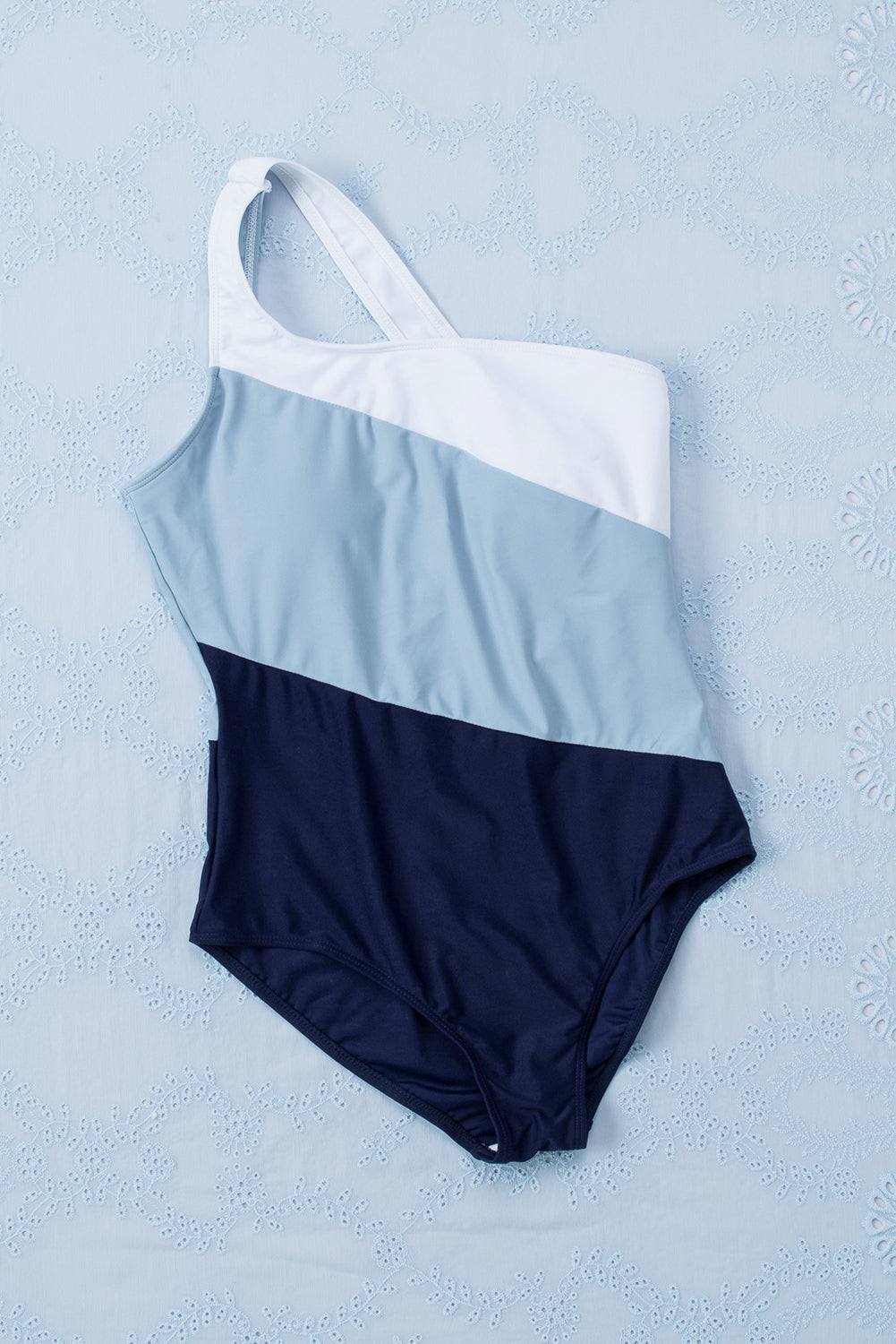 Blue Zone Planet | Sky Blue Color Block One Shoulder Backless One-piece Swimwear Blue Zone Planet