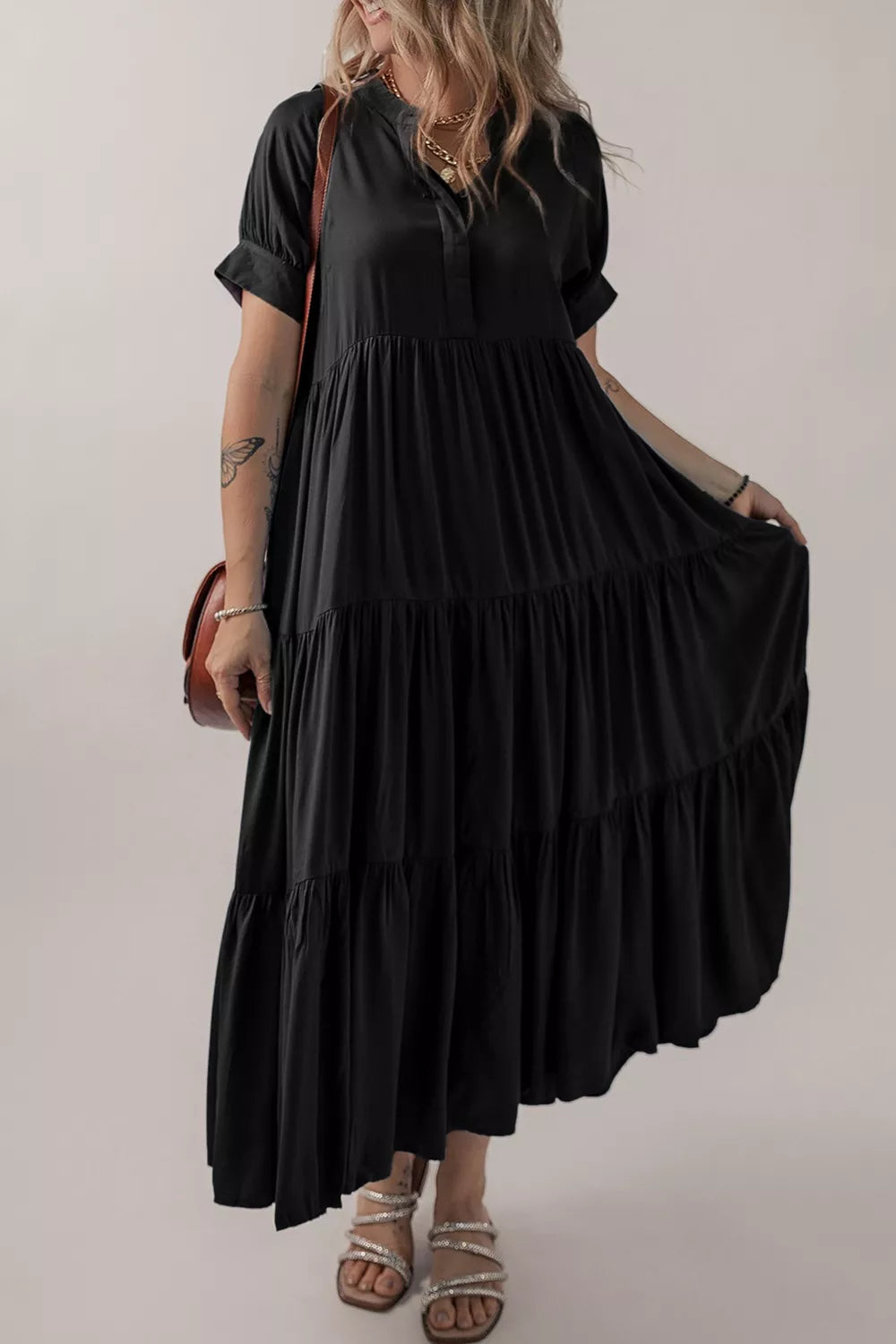 Hidden Buttons Short Sleeve Ruffle Tiered Long Flared Dress - Blue  Blue  Zone Planet