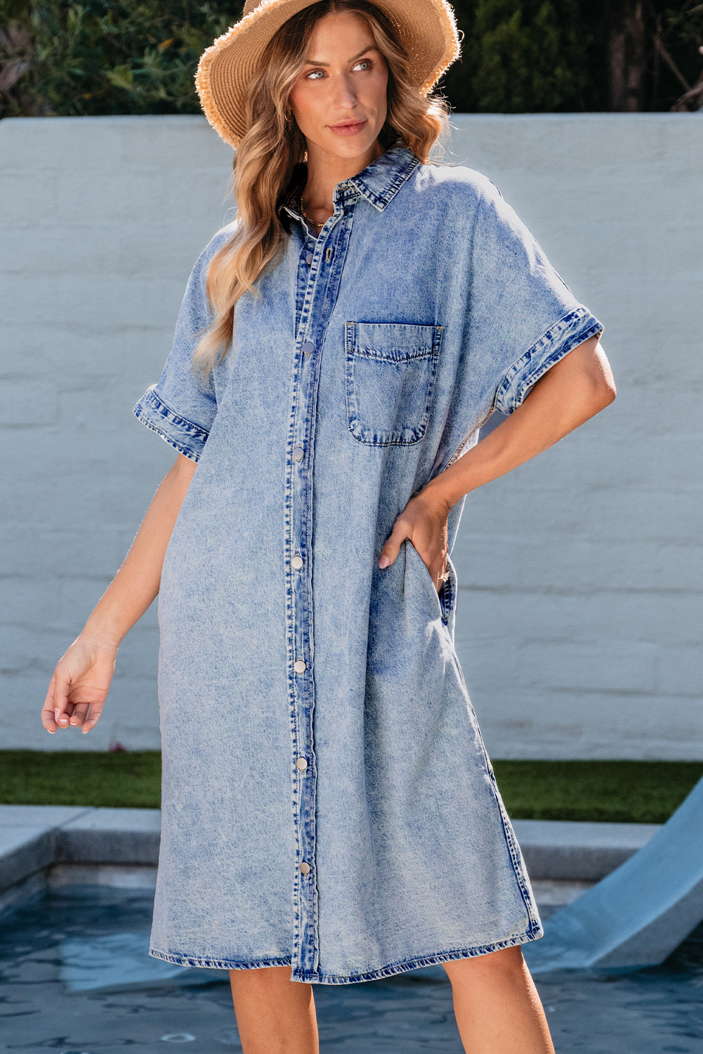 Light Blue Loose Medium Wash Short Sleeve Shirt Chambray Dress Blue Zone Planet