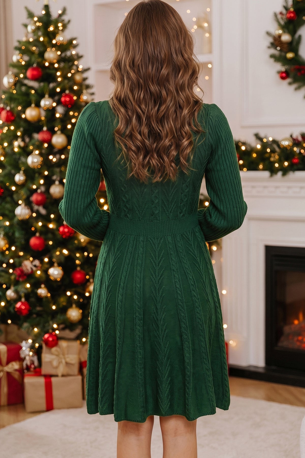 Blackish Green Ribbed Cable Knit Ribbon Knot Sweater Mini Dress