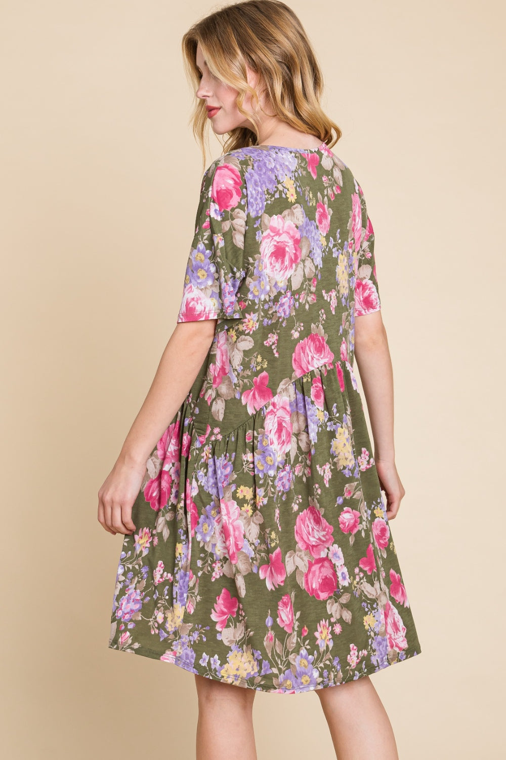 Blue Zone Planet | BOMBOM Flower Print V-Neck Ruched Dress BLUE ZONE PLANET