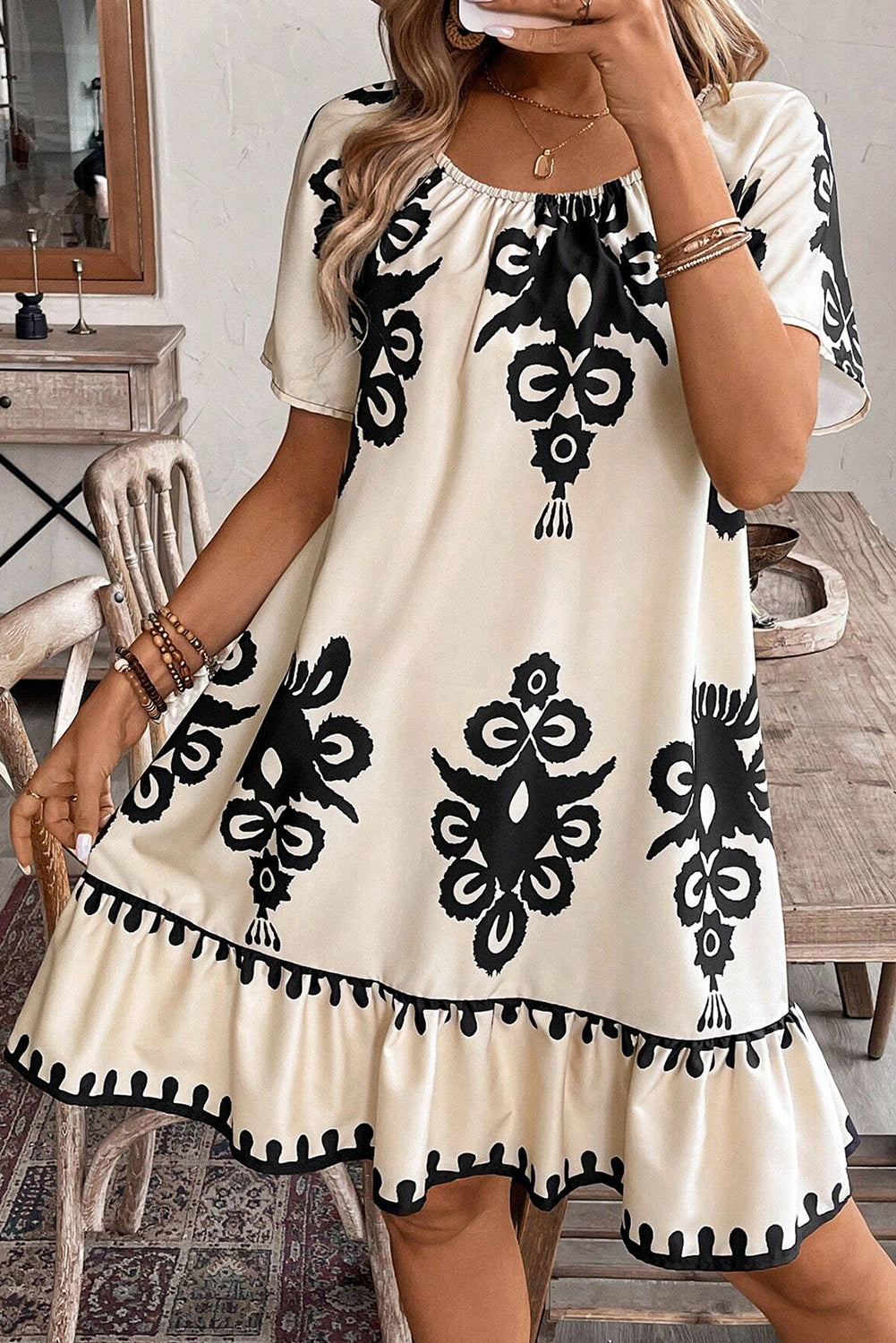 fitted lace wedding dress Apricot Western Print Ruffled Short Sleeve Loose Dress