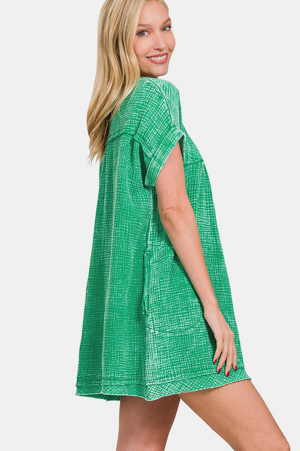 Blue Zone Planet | Zenana Washed Notched Short Sleeve Mini Dress BLUE ZONE PLANET