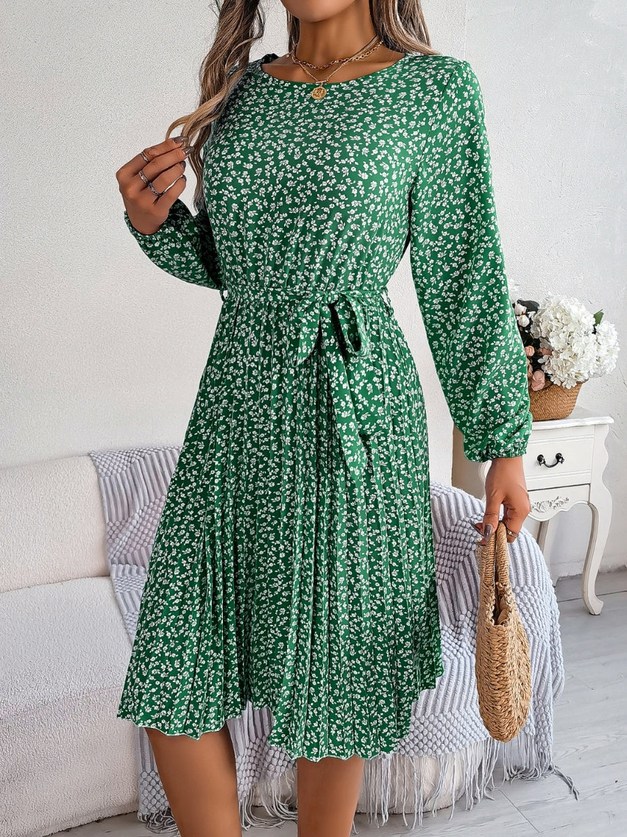 Ditsy Floral Tie Waist Pleated Dress BLUE ZONE PLANET