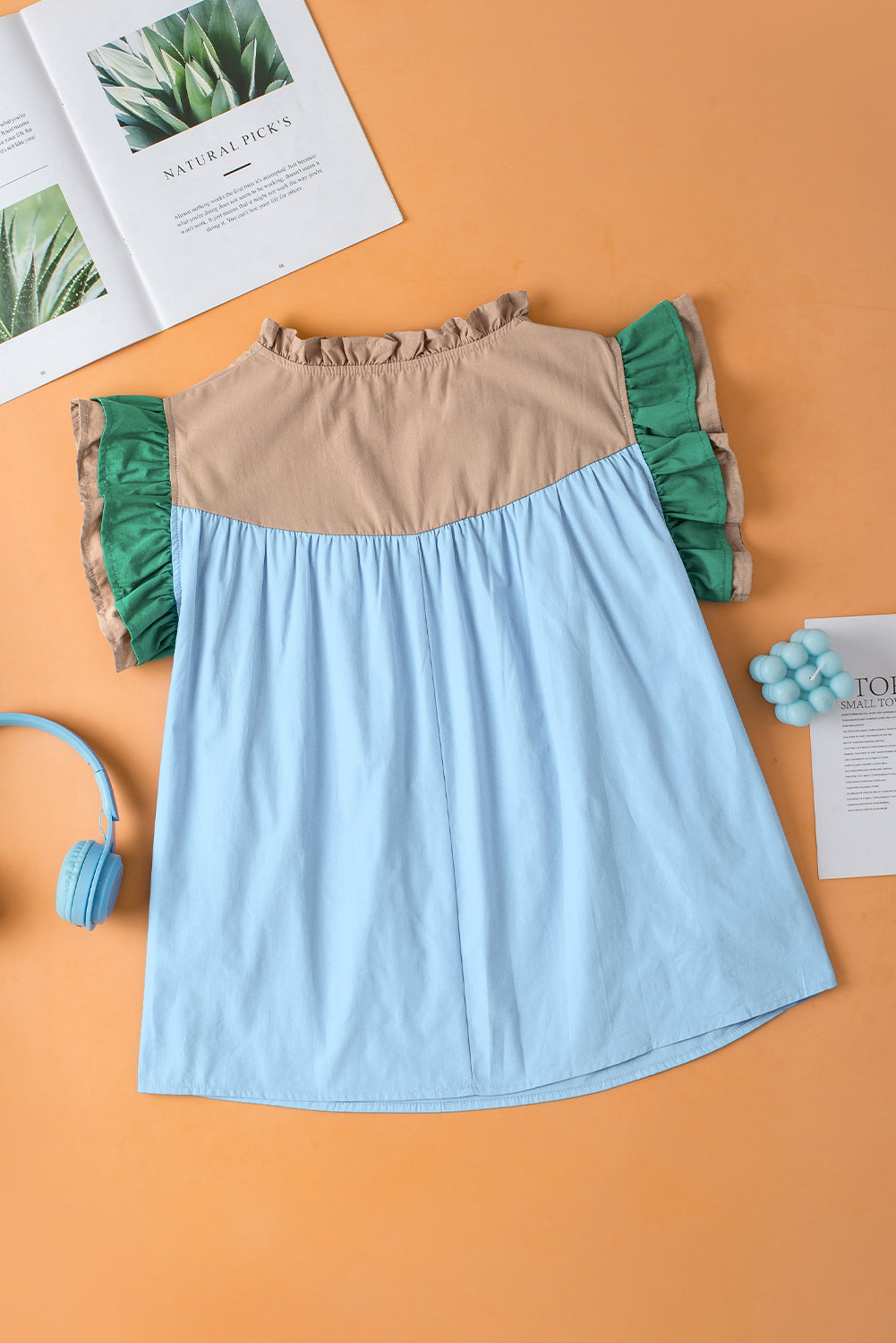 Mist Blue Colorblock Ruffled Sleeve Frill V Neck Blouse Blue Zone Planet