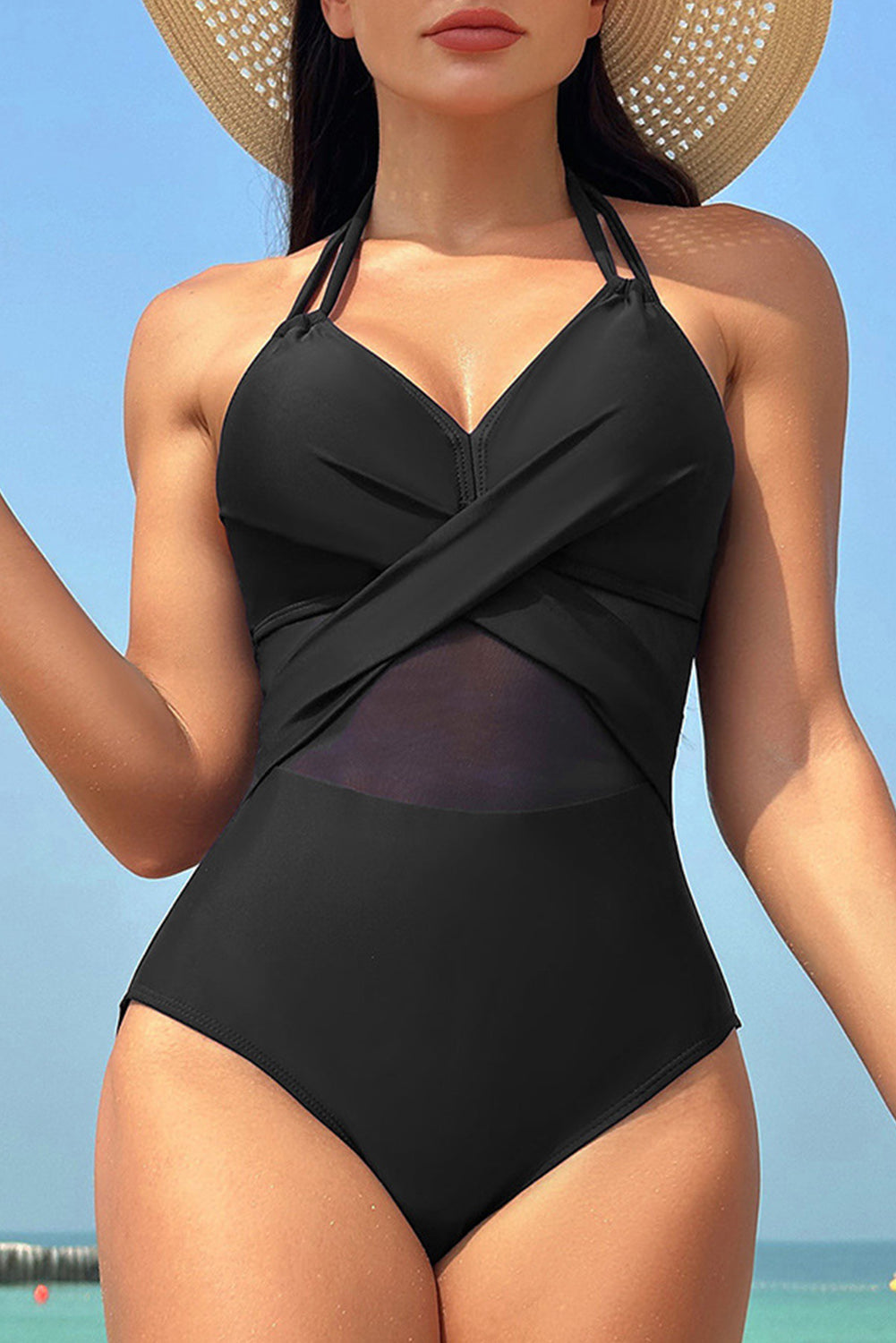 Black Halter Mesh Insert Cross Front One-Piece Swimsuit Blue Zone Planet