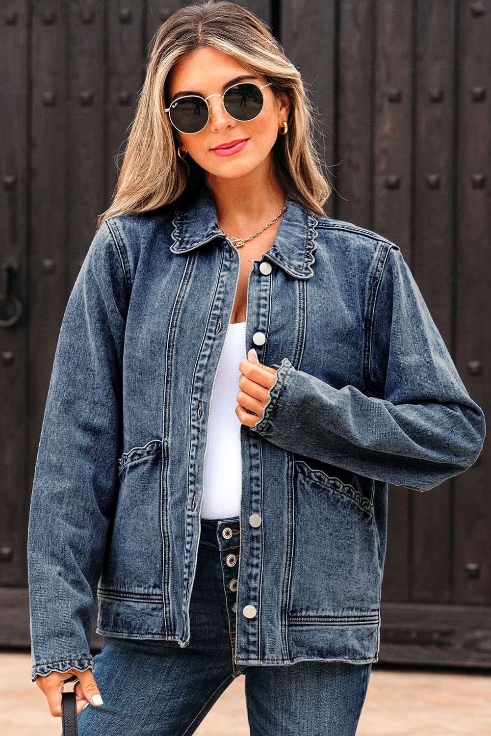 Sail Blue Scallop Trim Collar Patched Pocket Button Up Denim Jacket
