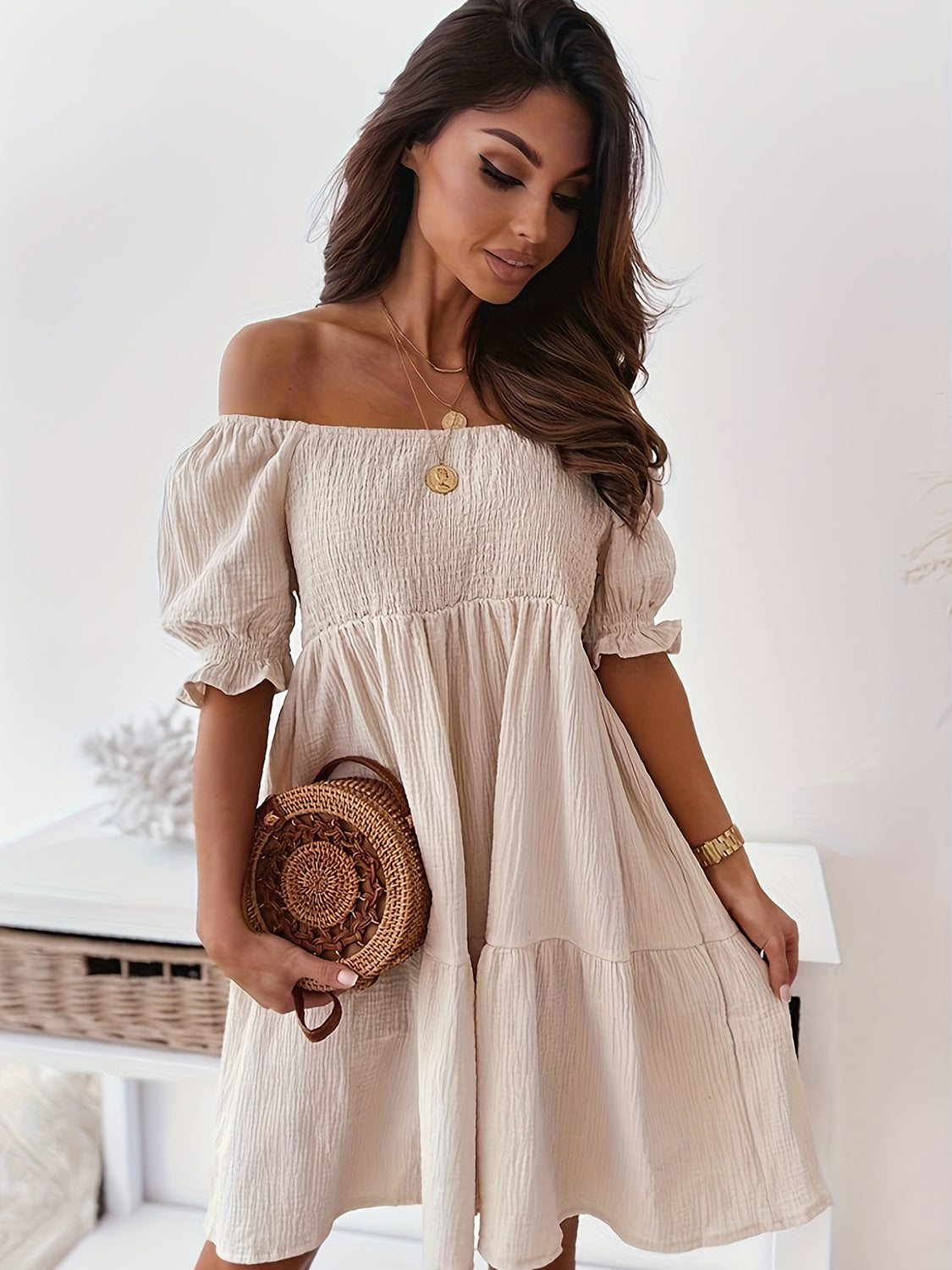 Blue Zone Planet | Full Size Ruffled Off-Shoulder Short Sleeve Dress BLUE ZONE PLANET