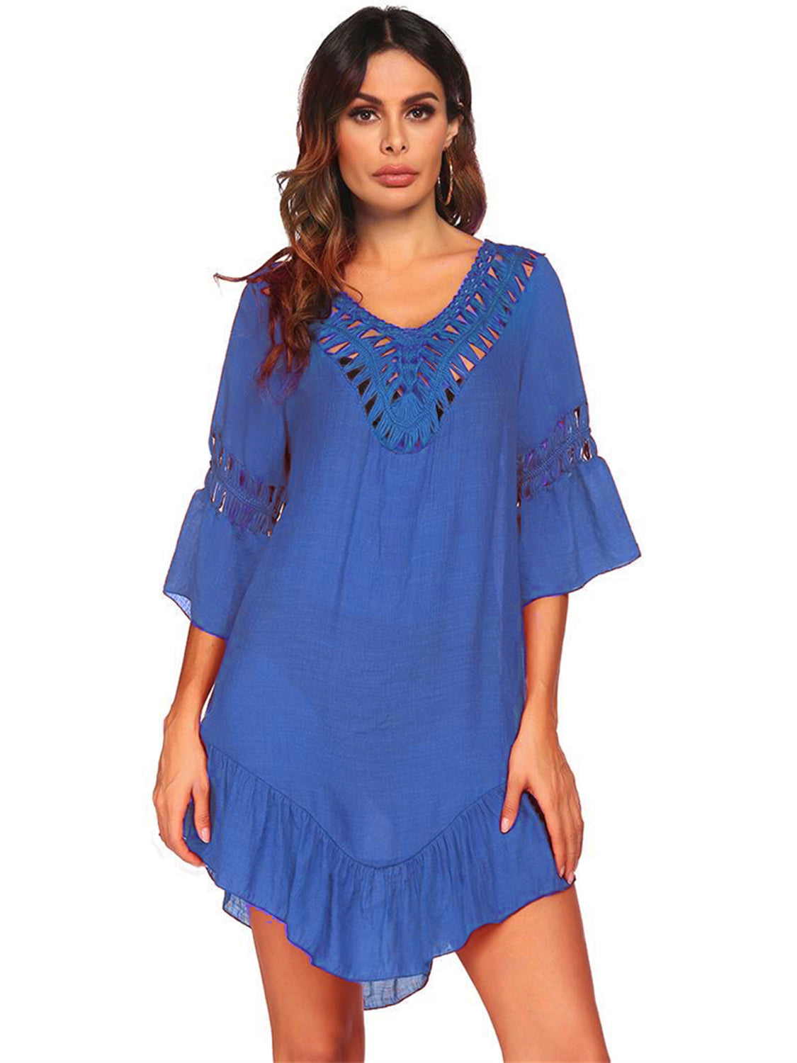 Blue Zone Planet |  Linda's Bohemian Backless Cutout Three-Quarter Sleeve Cover-Up BLUE ZONE PLANET
