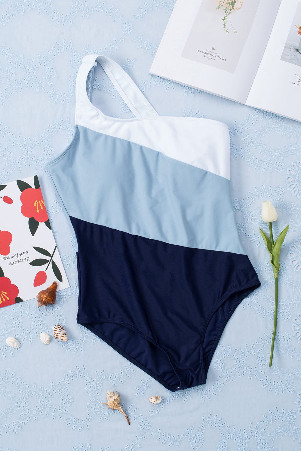 Blue Zone Planet | Sky Blue Color Block One Shoulder Backless One-piece Swimwear Blue Zone Planet