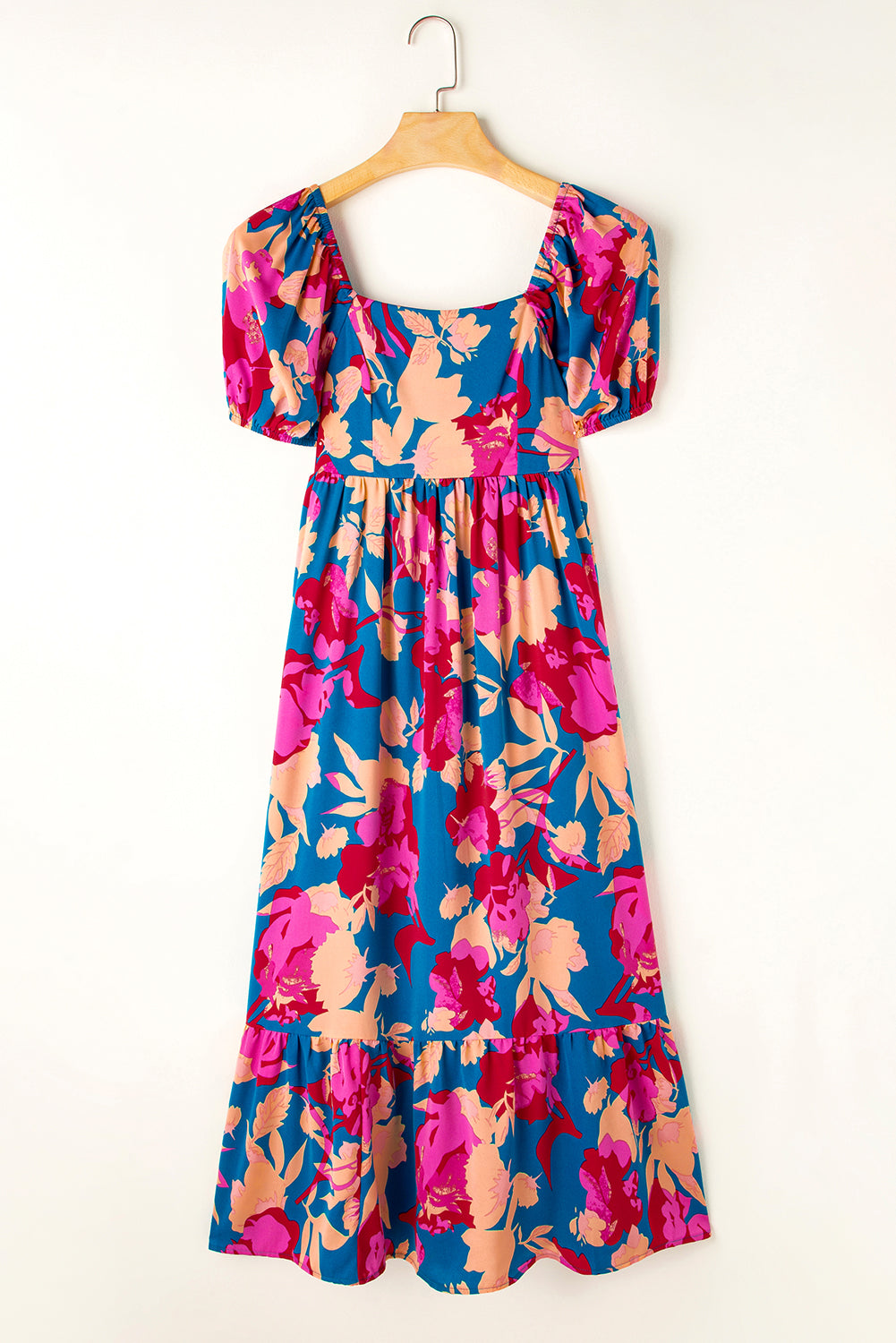Blue Zone Planet | Dark Blue Square Neck Bubble Sleeve Ruffled Floral Dress Blue Zone Planet