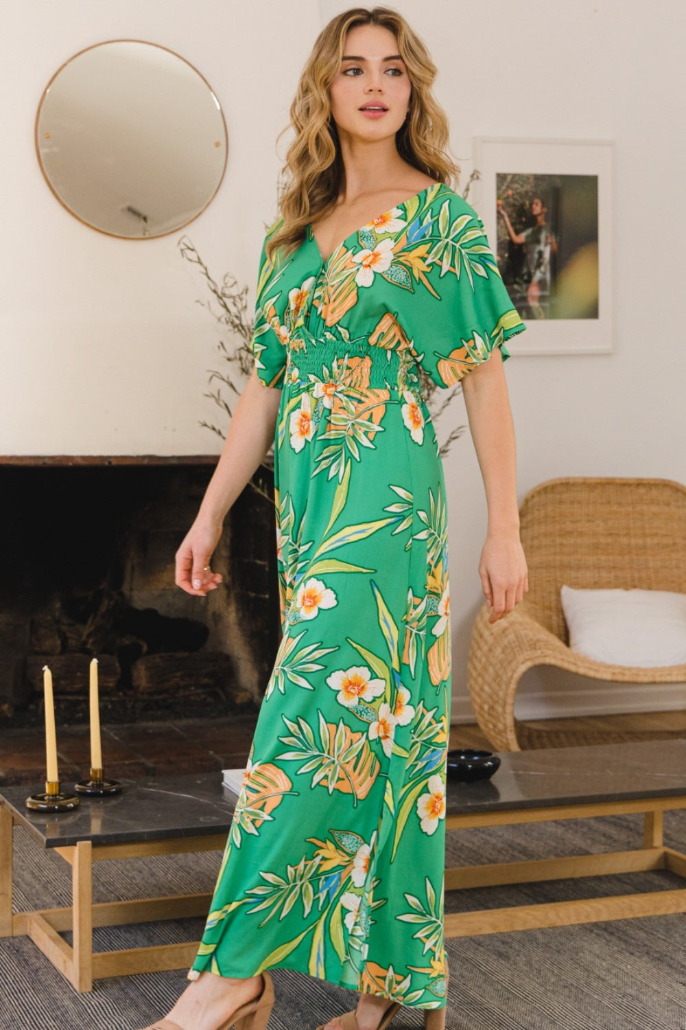 Blue Zone Planet | ODDI Full Size Floral Smocked Tied Back Maxi Dress BLUE ZONE PLANET