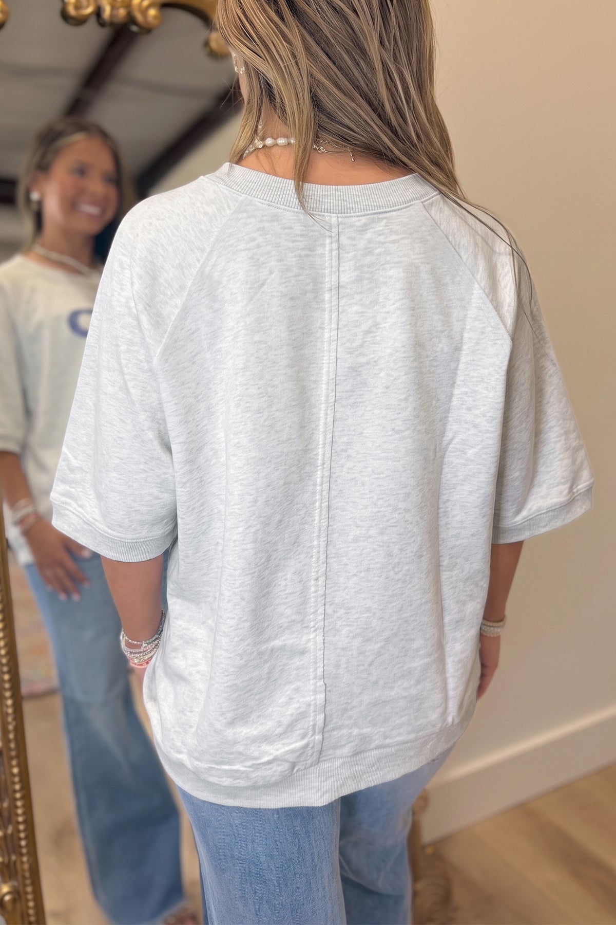 Light Grey GOD IS GOOD Patchwork Applique Relaxed 3/4 Sleeve Tunic Top