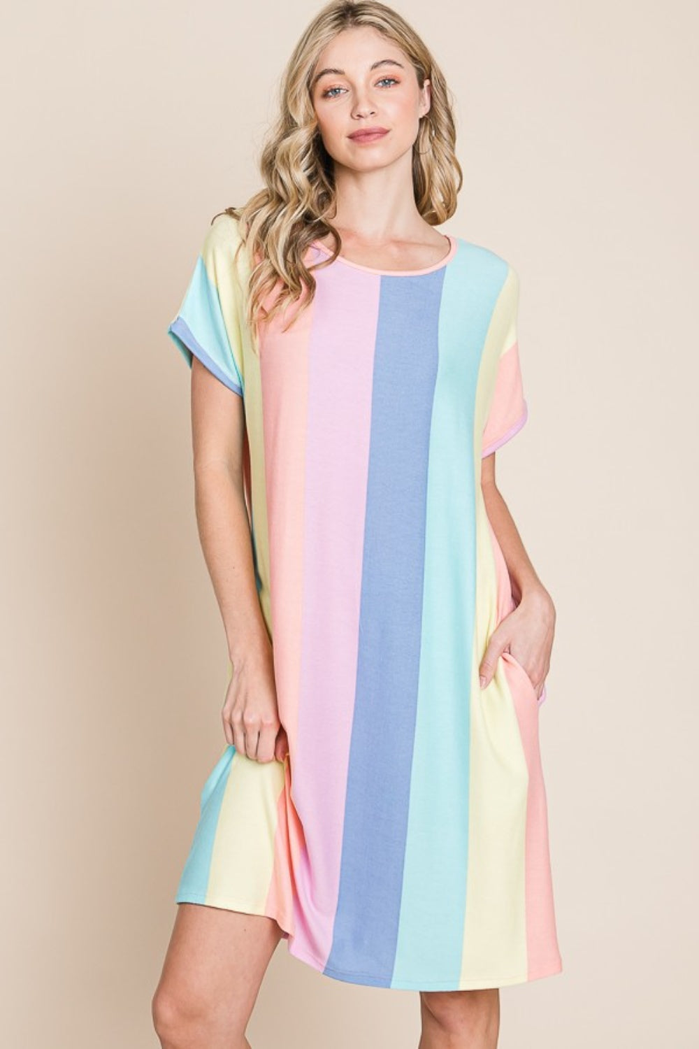 Blue Zone Planet | BOMBOM Striped Short Sleeve Dress with Pockets BLUE ZONE PLANET