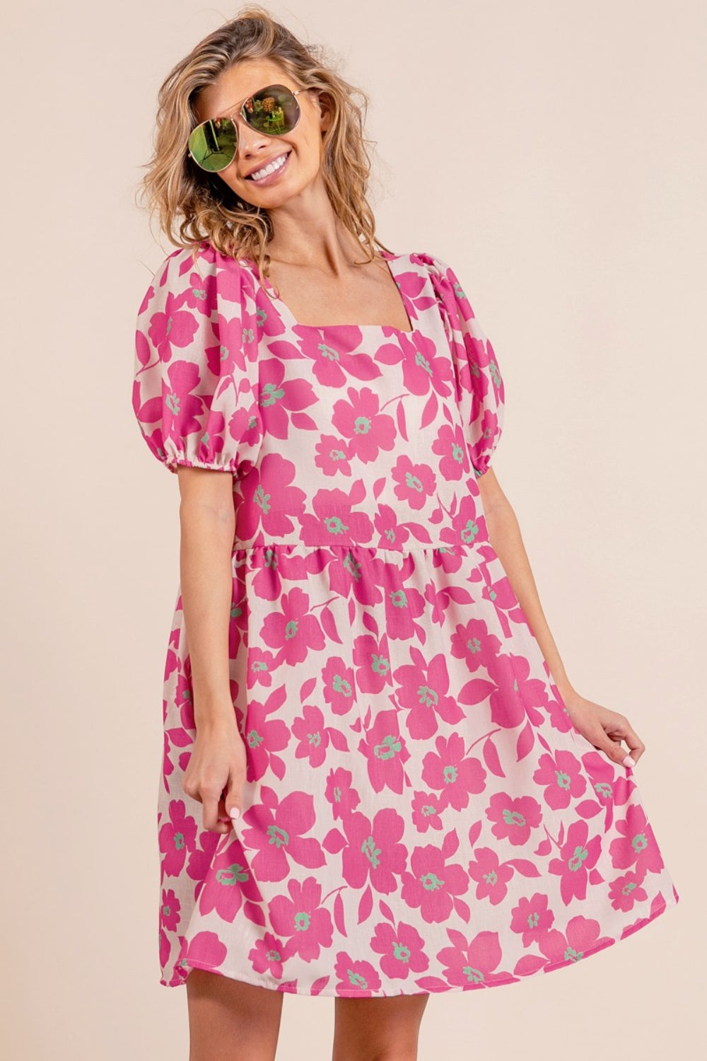 Blue Zone Planet | BiBi Printed Square Neck Puff Sleeve Mini Dress BLUE ZONE PLANET