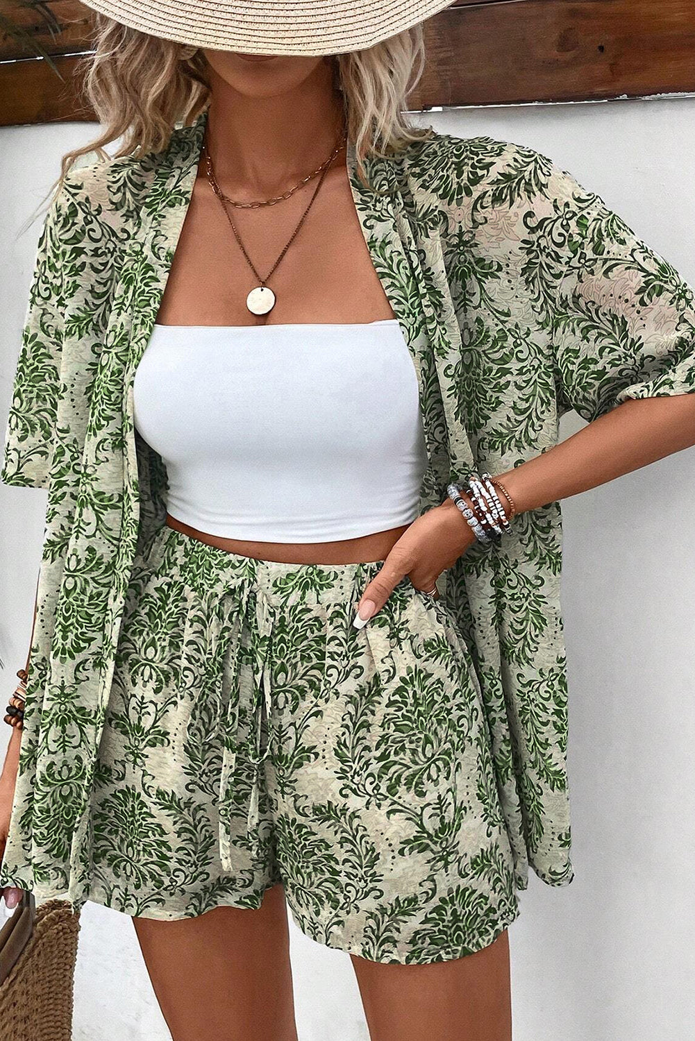 Blue Zone Planet | Green Vintage Floral Print Open Top and Shorts Outfit Blue Zone Planet