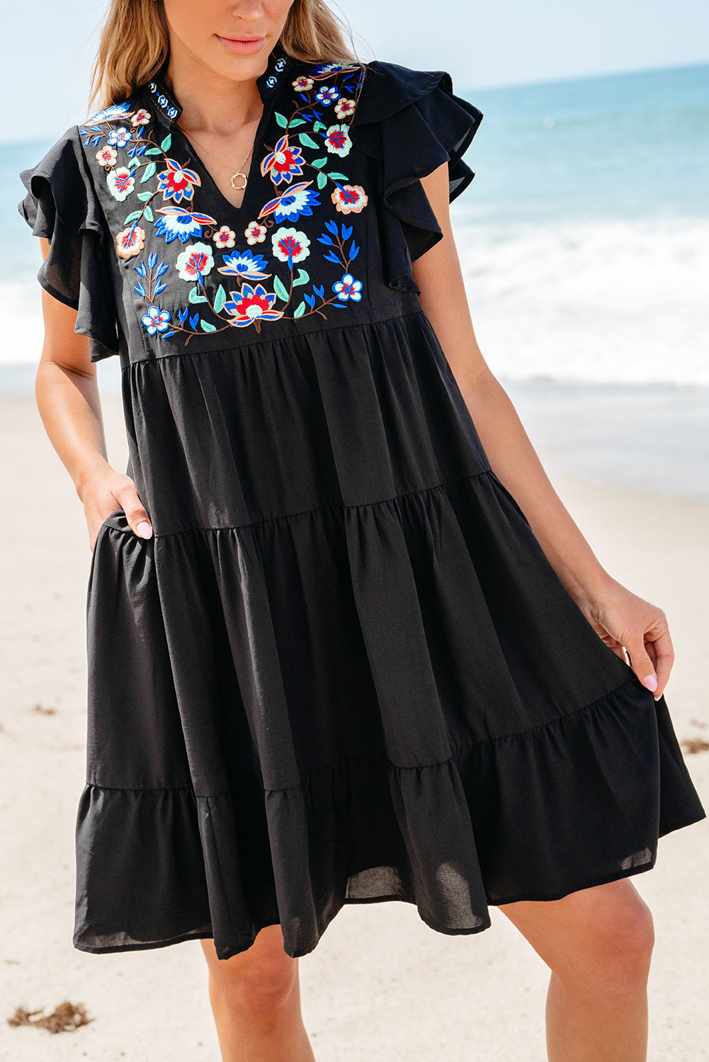 Black Floral Embroidered Tiered Ruffled Mini Dress Blue Zone Planet